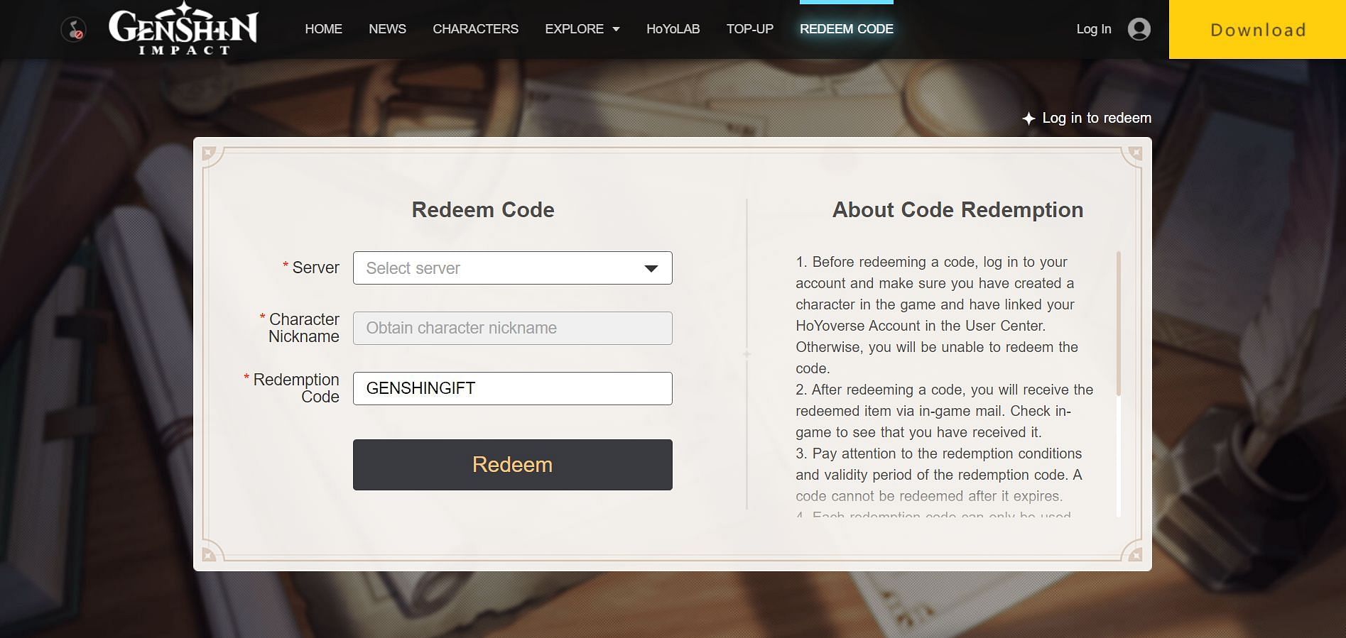 Paste the code and click on Redeem (Image via HoYoverse)