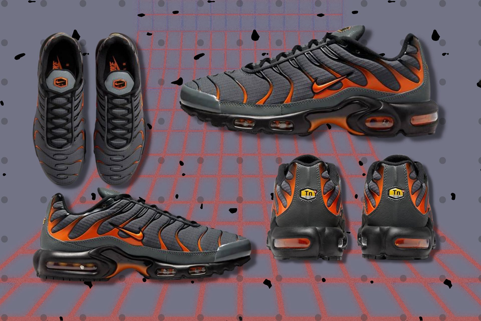 Take a detailed look at the impending Nike Air Max Plus Orange Grey sneakers (Image via Sportskeeda)
