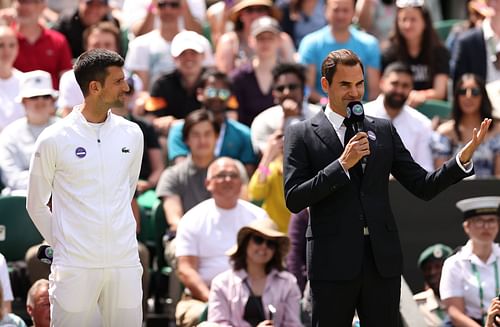 Roger Federer with Novak Djokovic at the 2022 Wimbledon Championships.