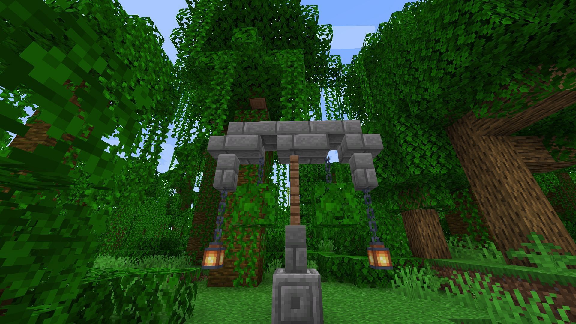 Lanterns and bushes (Image via Minecraft)