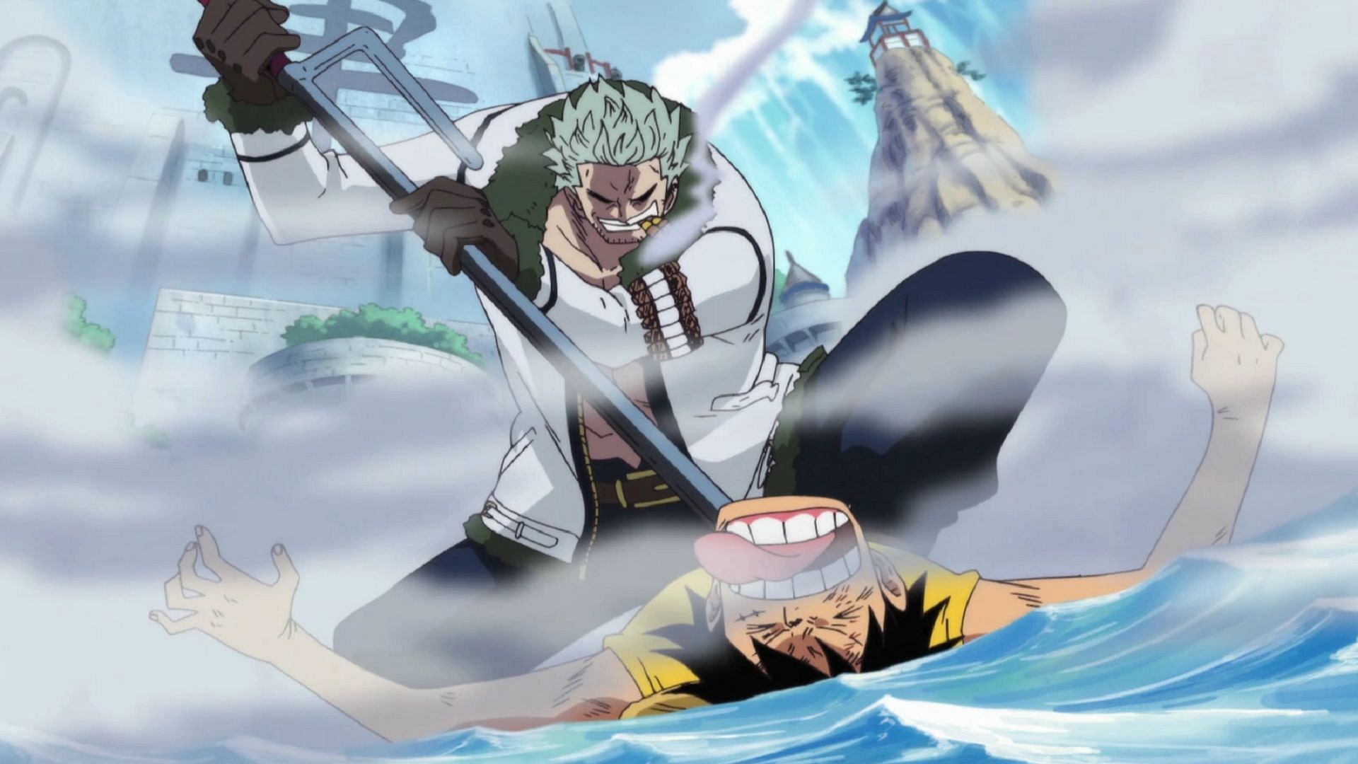 In the first half of the story, Smoker frequently beat Luffy, but also started to respect him, seeing him more as an individual than a pirate (Image via Toei Animation, One Piece)