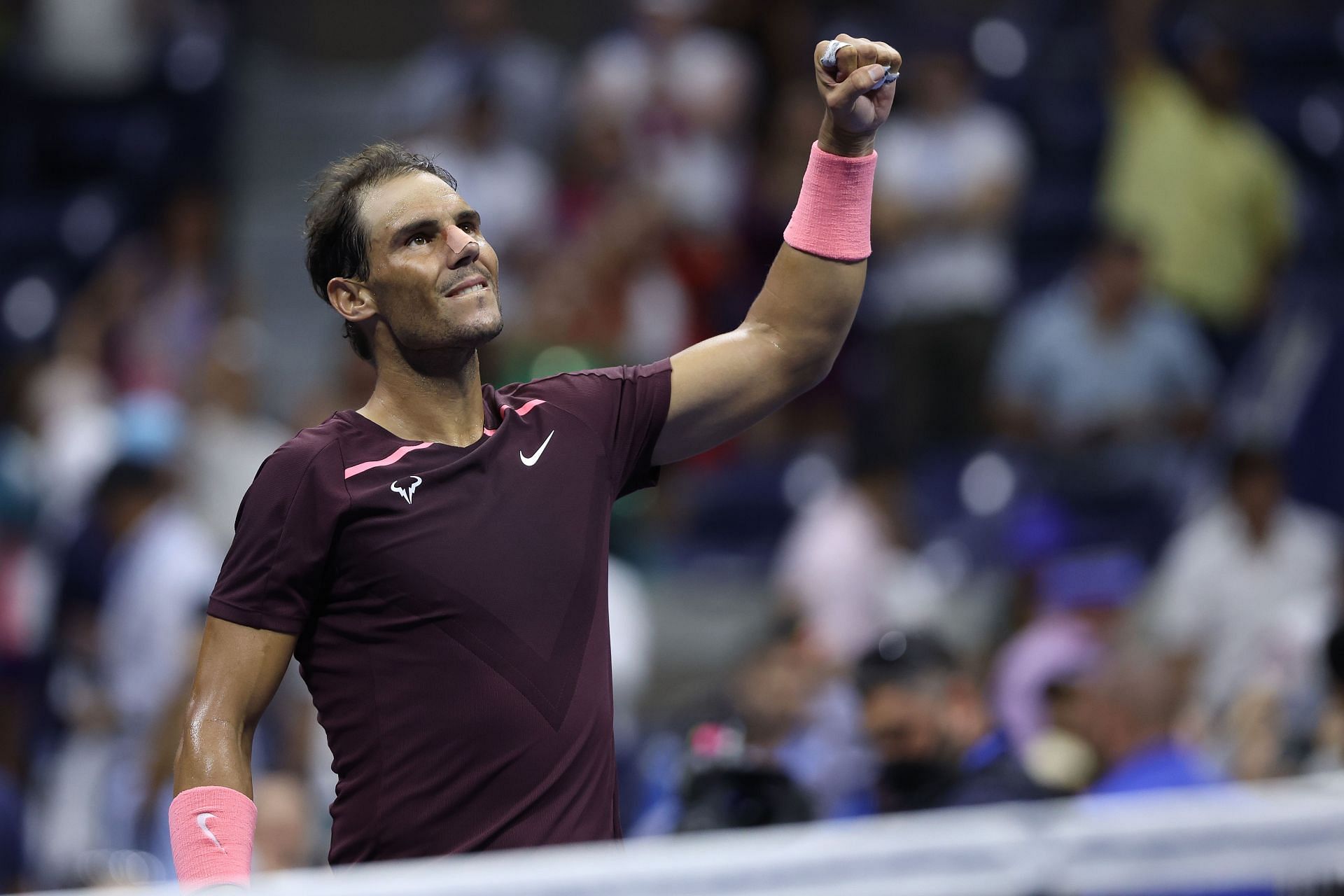 Rafael Nadal celebrates after defeating Fabio Fognini at the 2022 US Open.
