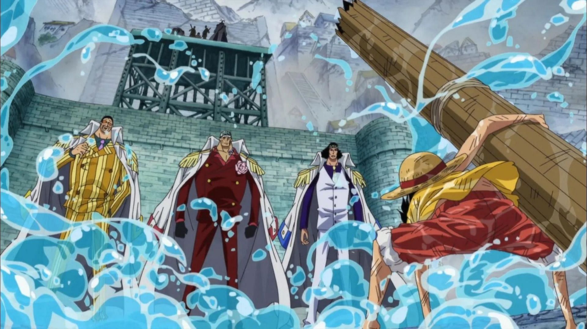 Luffy and the three Marines Admirals as seen in One Piece (Image via Toei Animation)