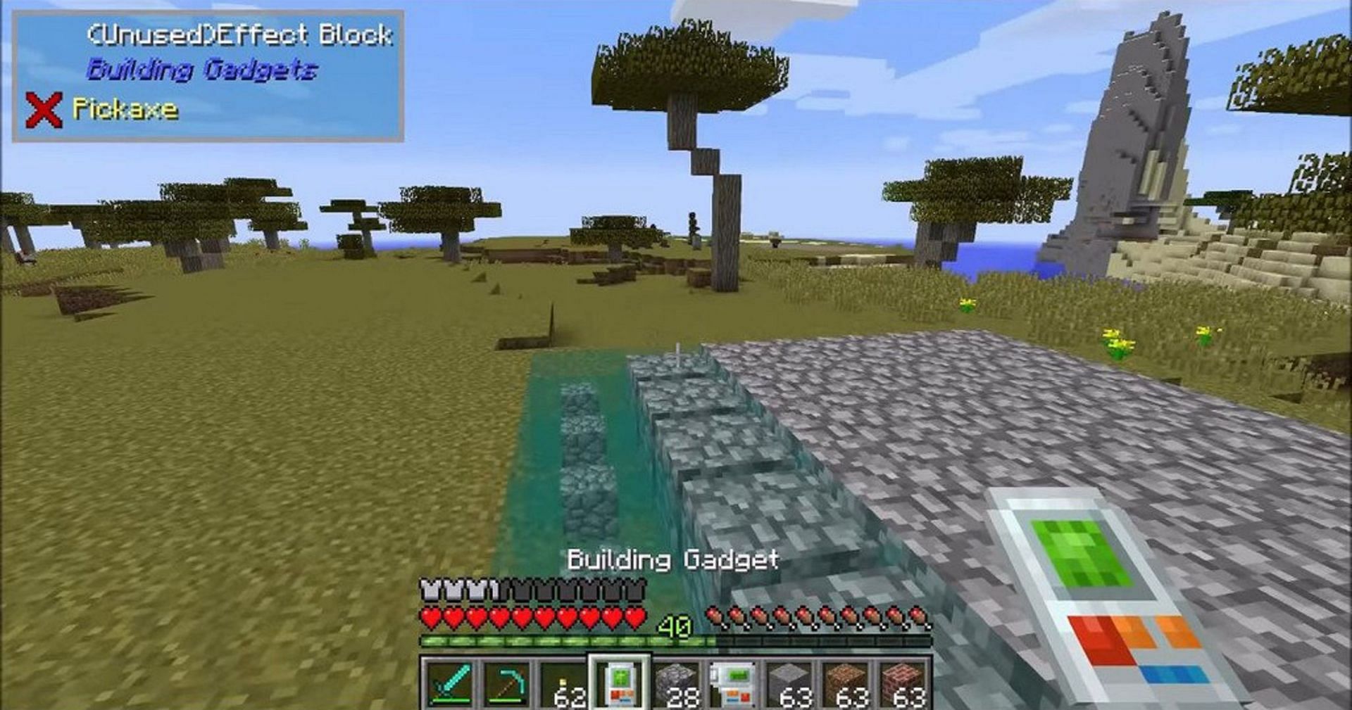 A player places a row of blocks using Building Gadgets (Image via Direwolf20/9Minecraft)