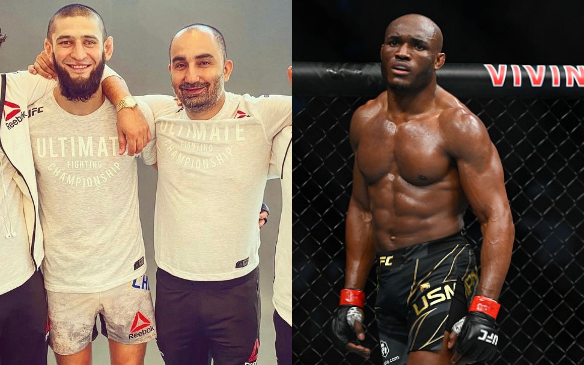 Andreas Michael and Khamzat Chimaev (left)(Image via Instagram @AndreasTheGeneral) and Kamaru Usman (right)(Image via Getty)