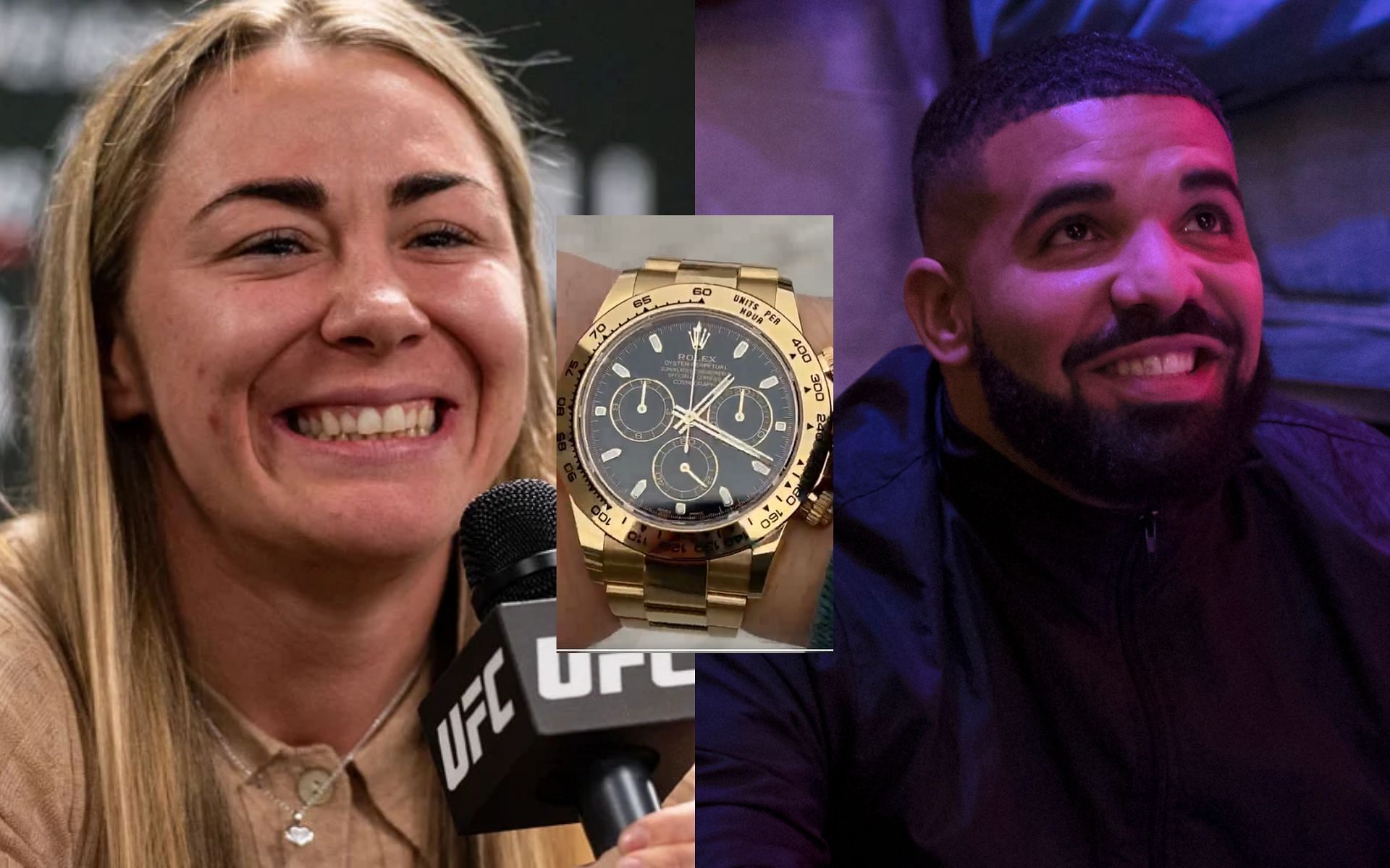 Molly McCann (left), her Rolex gift (center) and Drake (right). [Images courtesy: left image from mmajunkie.com, center image Twitter @MeatballMolly, and right image from Getty Images]