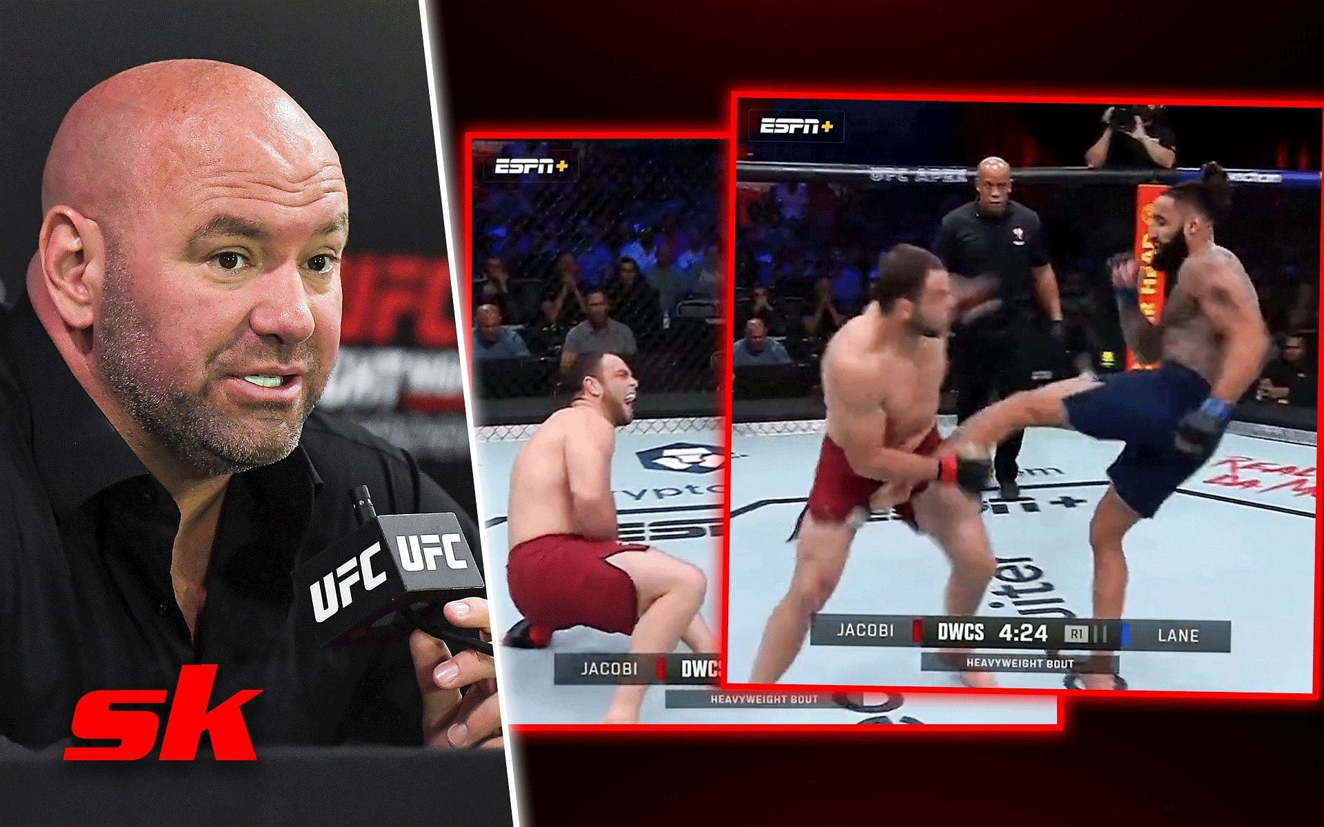 Dana White completely denies that he was laughing at brutal groin kick in DWCS fight [Images via @espnmma on Twitter, rest via Getty]