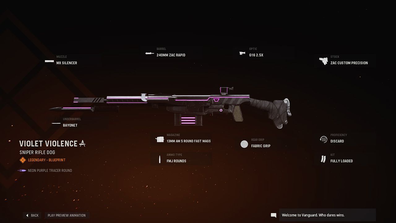 The Violet Violence legendary blueprint for the Gorenko Anti-Tank Rifle (Image via Activision)