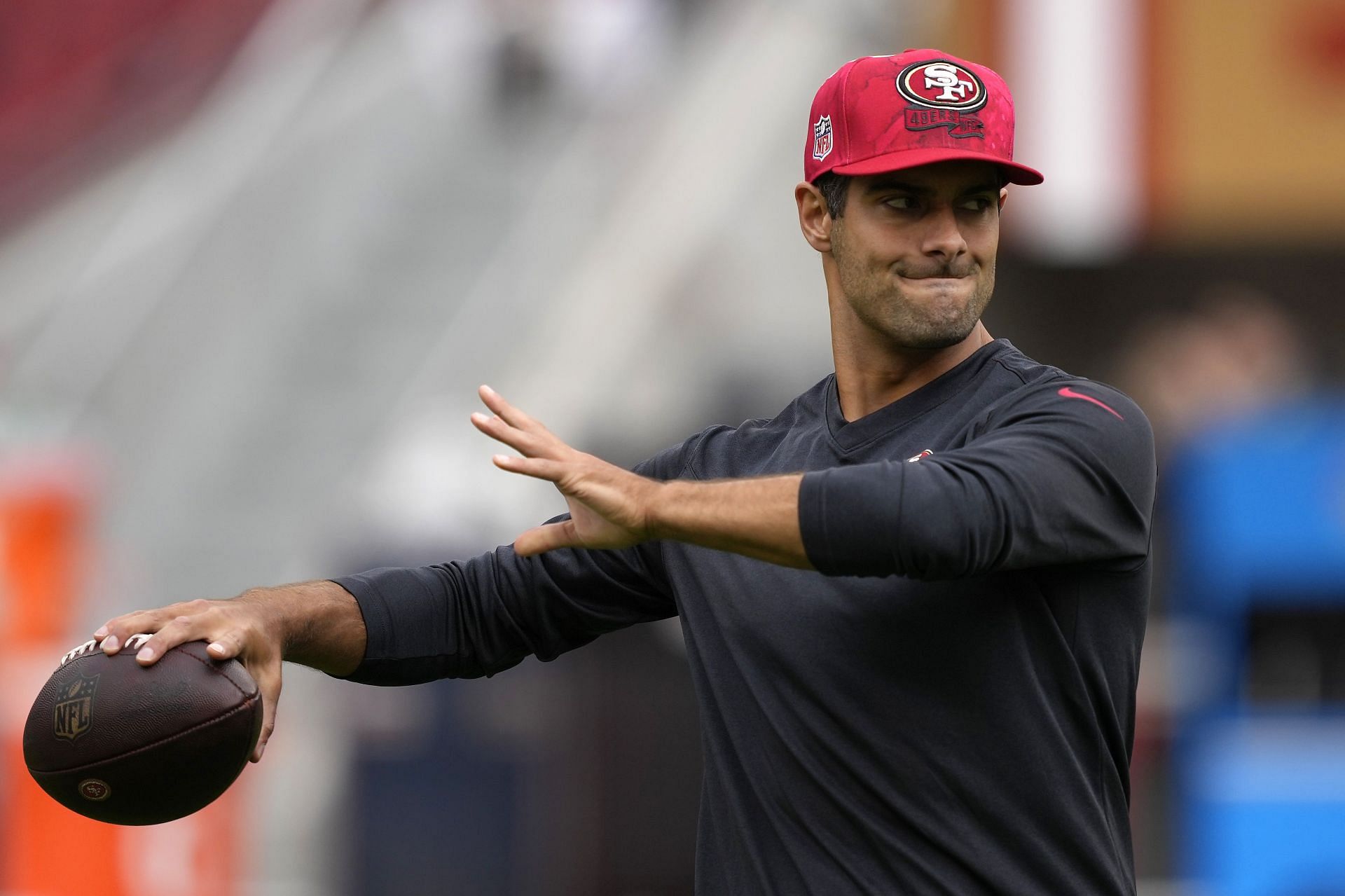Jimmy Garoppolo #10 of the San Francisco 49ers during warmups before the game against the Seattle Seahawks