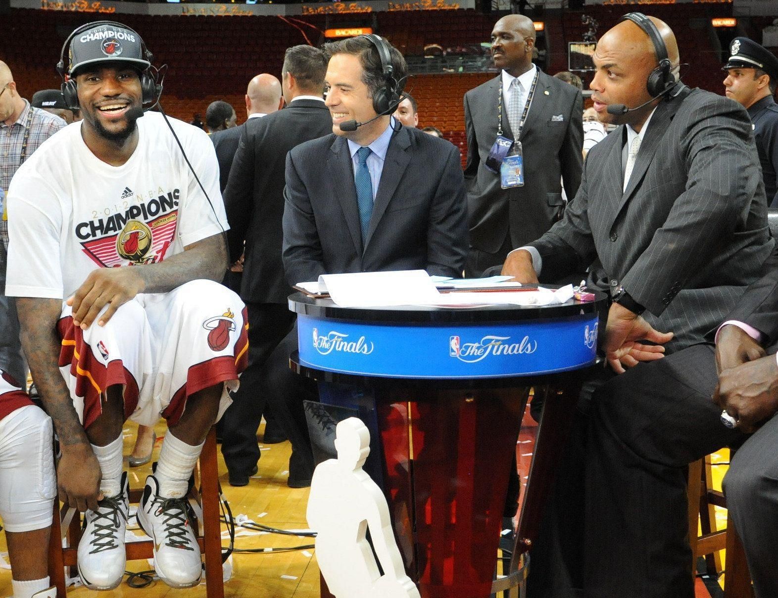 Charles Barkley (far right) interviews Finals MVP LeBron James (far left) after the 2012 NBA Finals