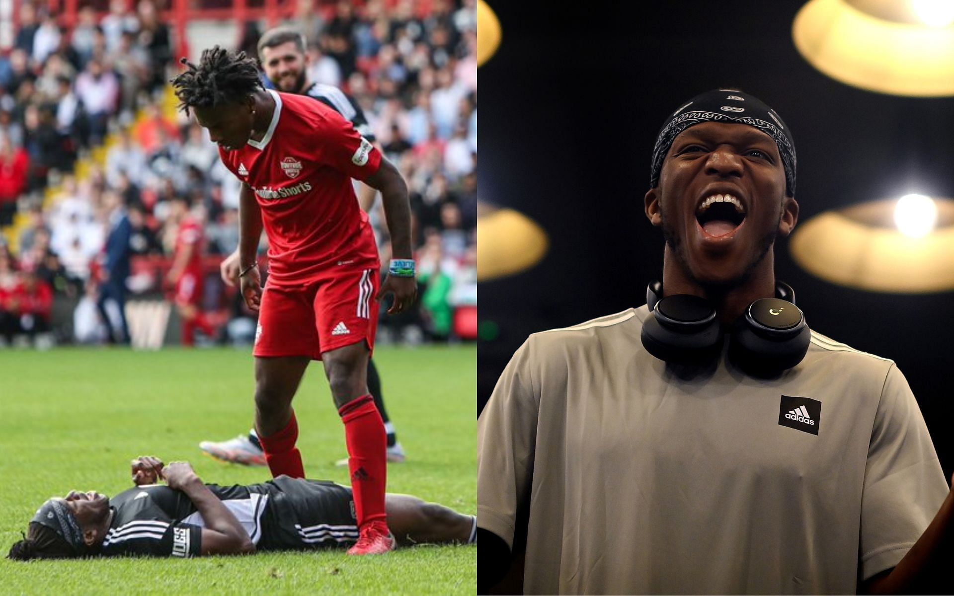 IShowSpeed standing over KSI at the Sidemen Charity Match (left) and KSI (right) (Image credits Getty Images and @SpeedUpdates1 on Twitter)
