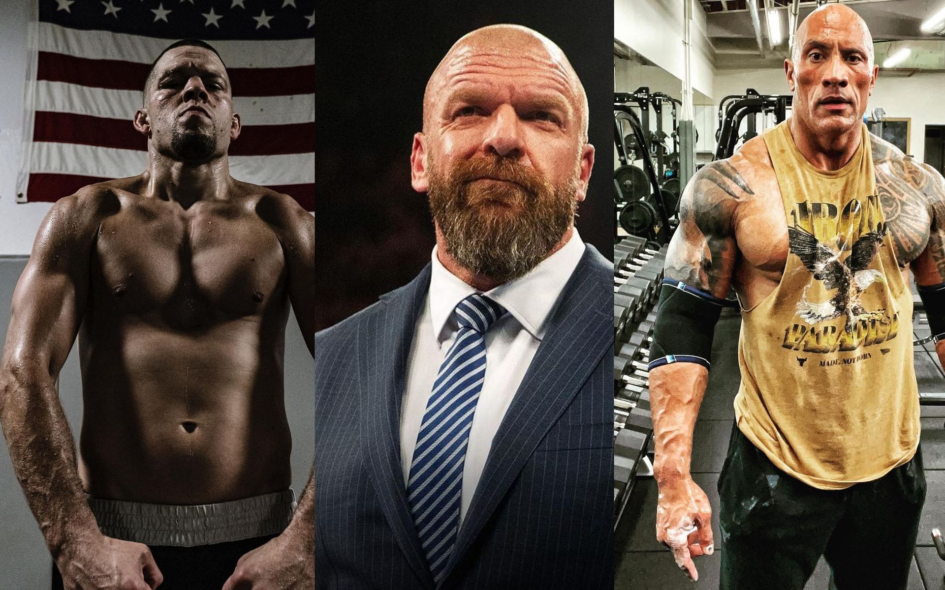 Nate Diaz (Left), Triple-H (Center), and The Rock (Right) [Images via @natediaz209 @tripleh and @therock on Instagram]