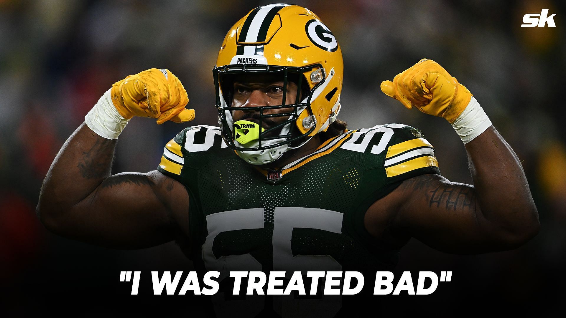 Green Bay Packers linebacker Za'Darius Smith (55) smiles towards the stands  and a section of Packers fans before an NFL football game against the Los  Angeles Chargers, Sunday, November 3, 2019 in