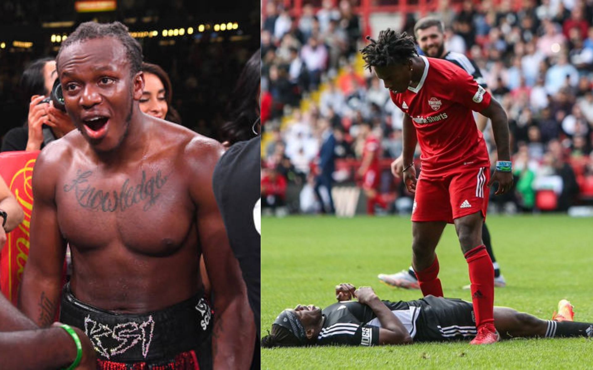 KSI (left) and IShowSpeed standing over KSI after tackling him (right) (Image credits Getty Images and @SpeedUpdates1 on Twitter )