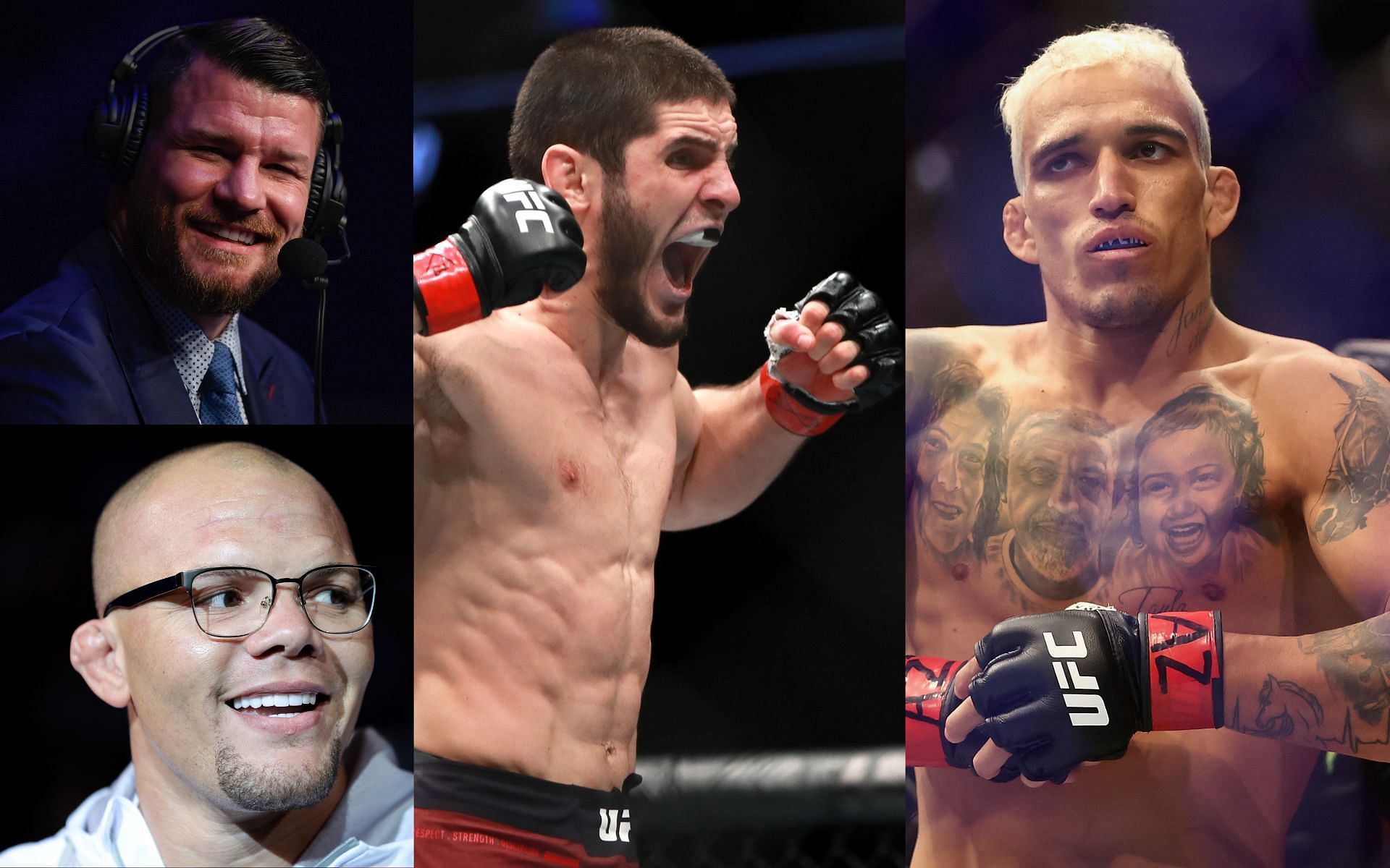 Michael Bisping (Top Left), Anthony Smith (Bottom Left), Islam Makhachev (Middle), and Charles Oliveira (Right)