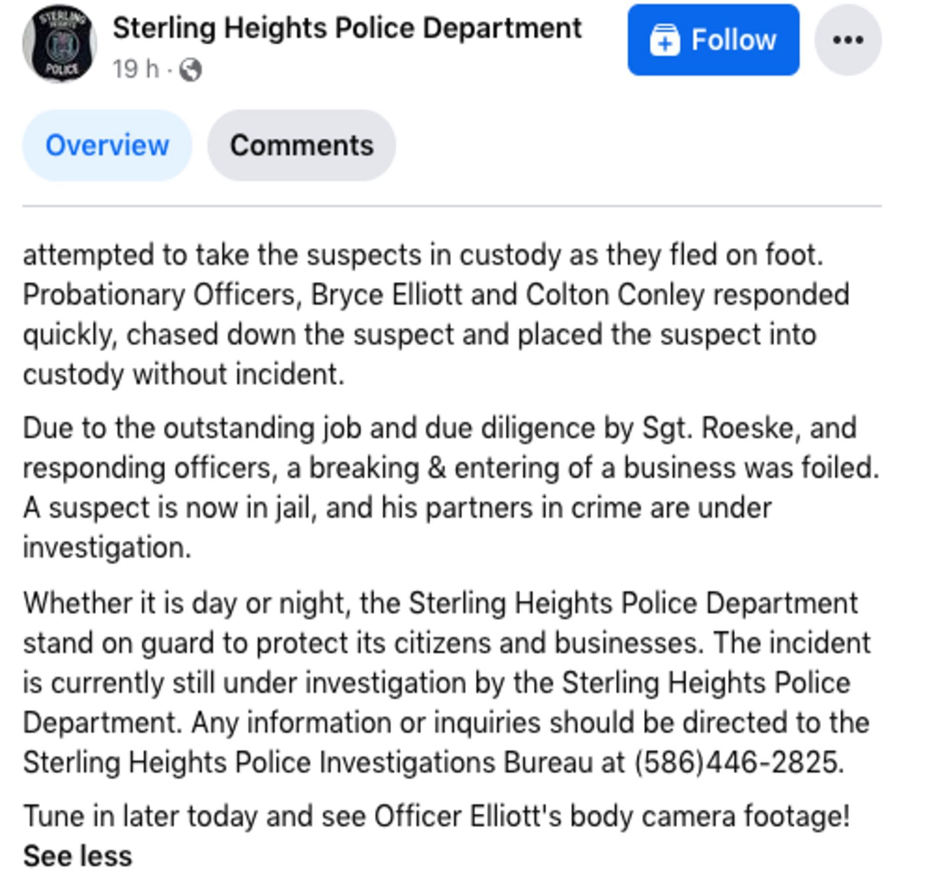 STERLING HEIGHTS POLICE DEPARTMENT/FACEBOOK