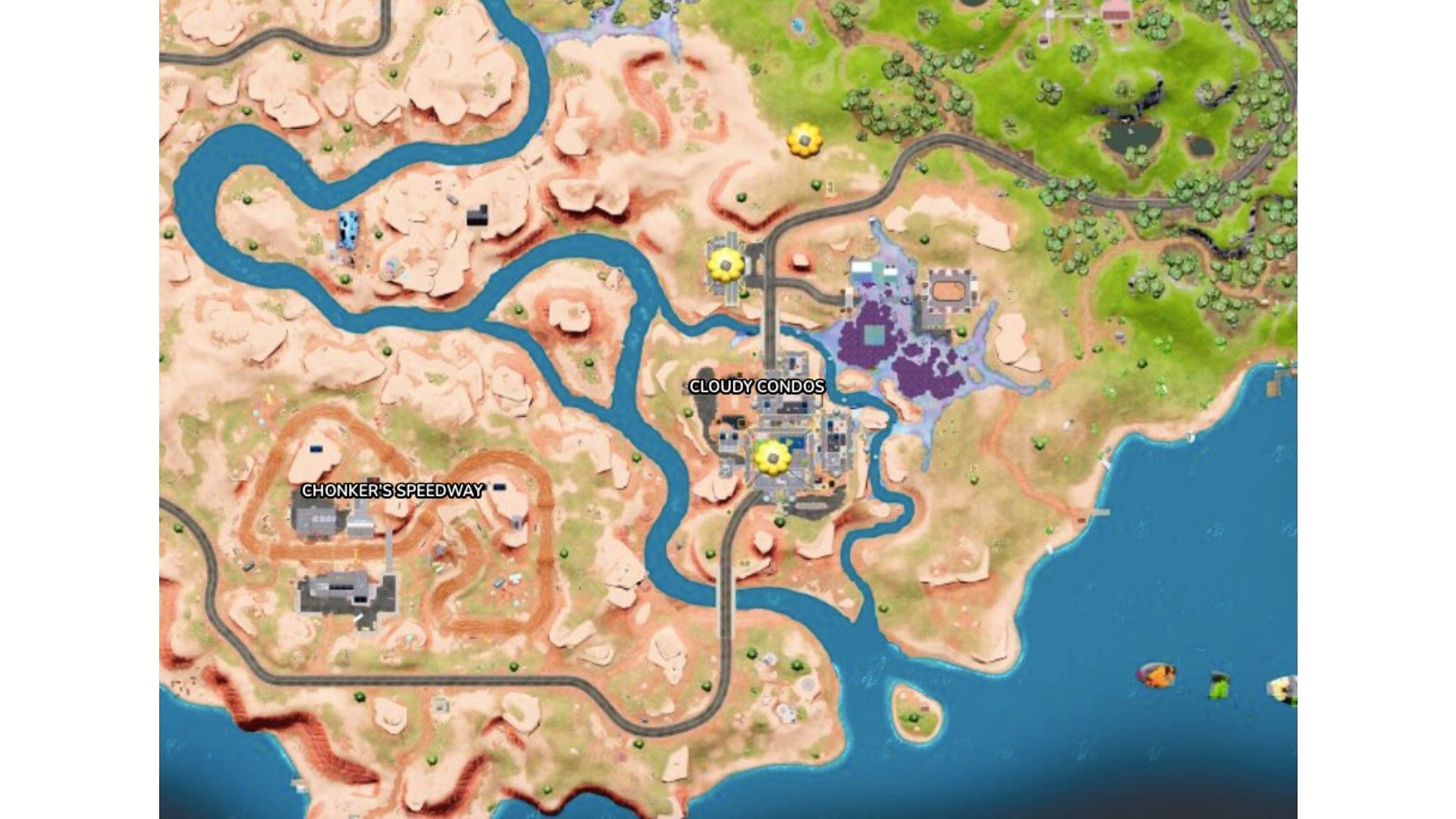 Cloudy Condos is located east of Chonker&#039;s Speedway. (Image via Fortnite.gg)