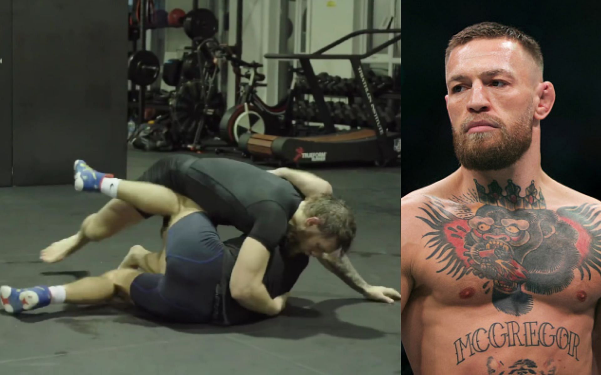 Conor McGregor wrestling (left. Image credit: @thenotoriousmma), Conor McGregor (right)