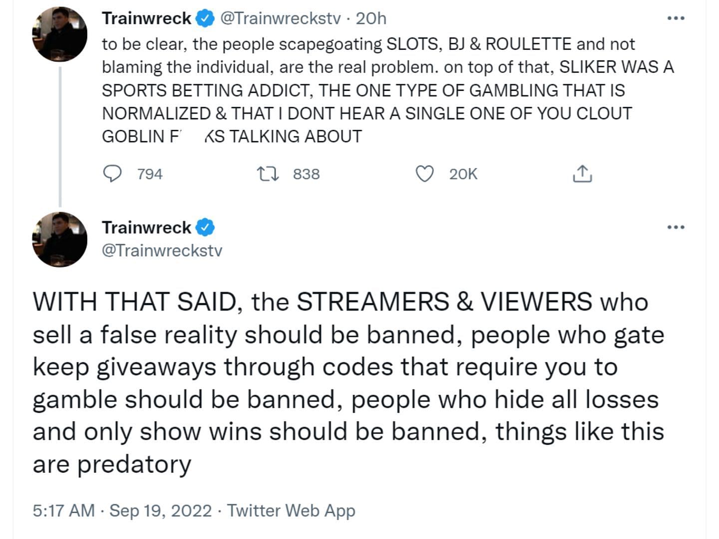 Offical tweet defending gambling streams on Twitch (Image via Trainwreck/Twitter)