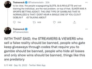 Offical tweet defending gambling streams on Twitch (Image via Trainwreck/Twitter)