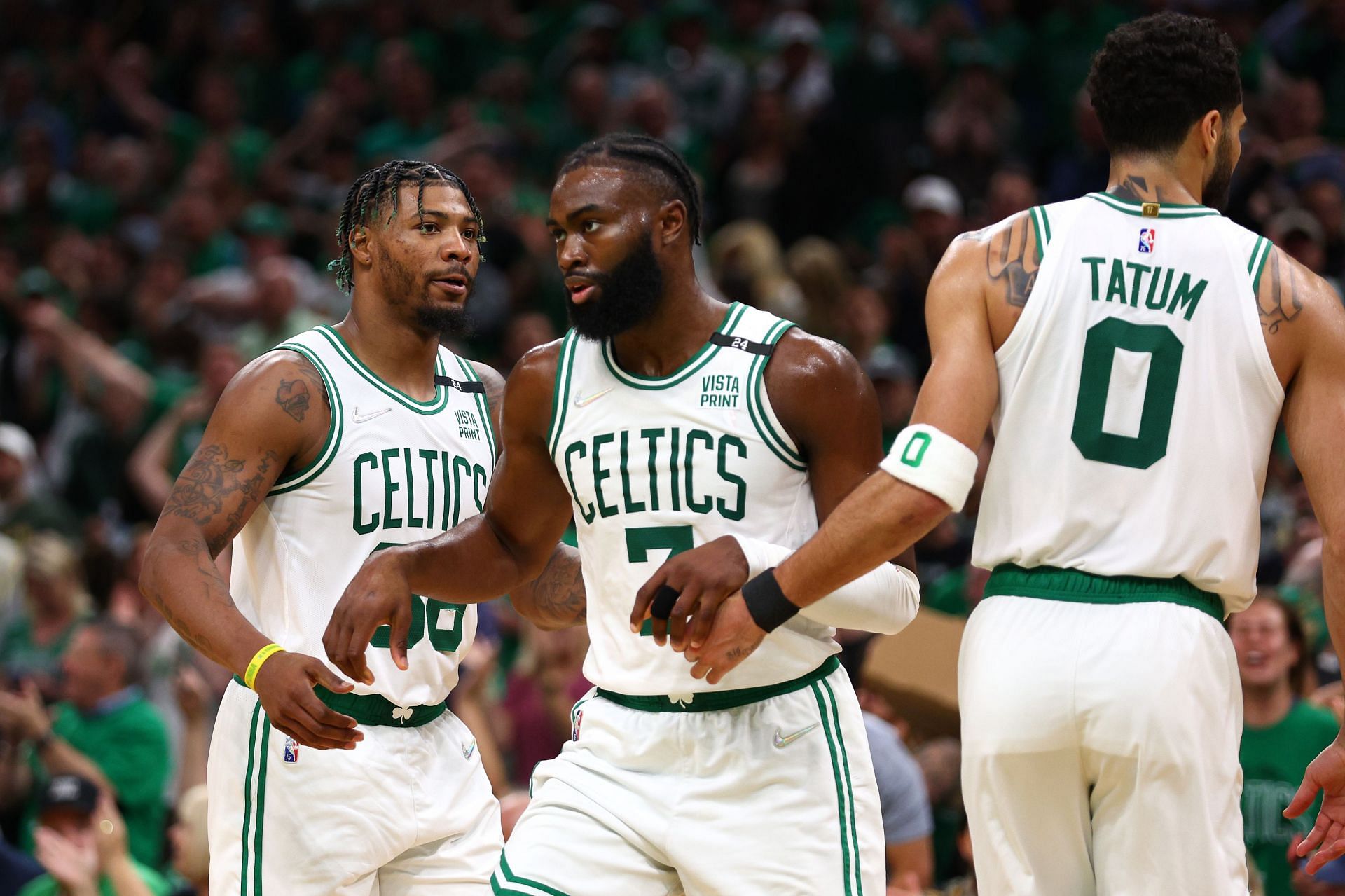 Marcus Smart, Jaylen Brown and Jayson Tatum of the Boston Celtics.