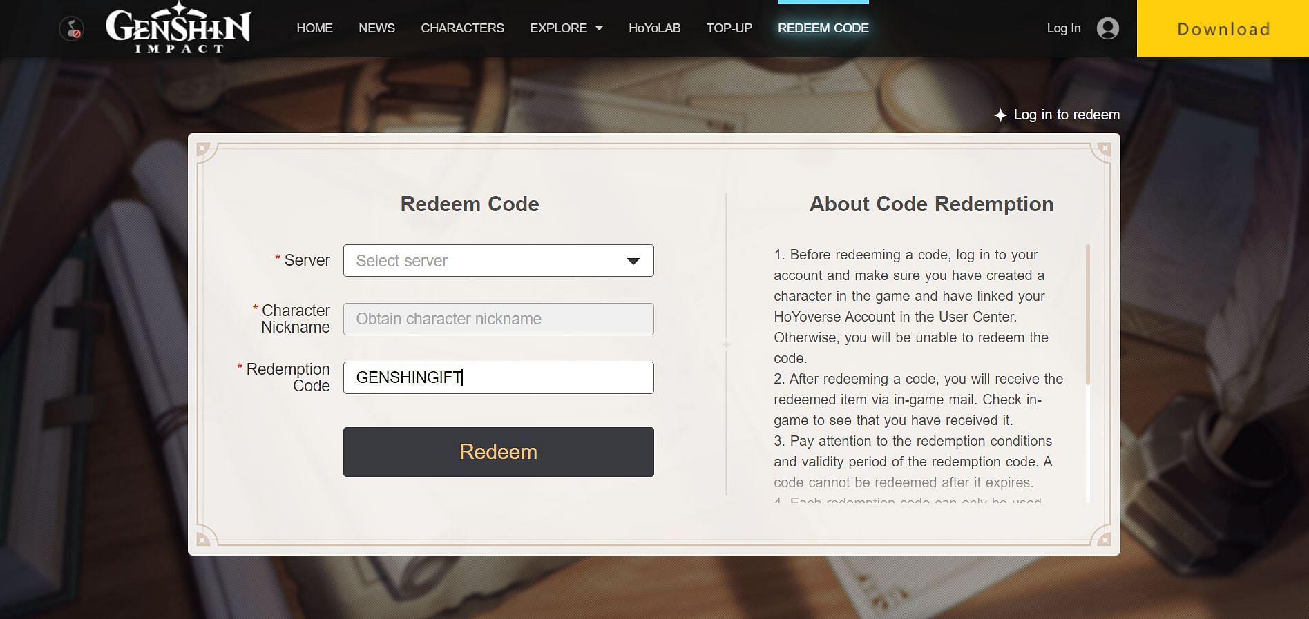 Click on &#039;Redeem&#039; after pasting the code (Image via HoYoverse)