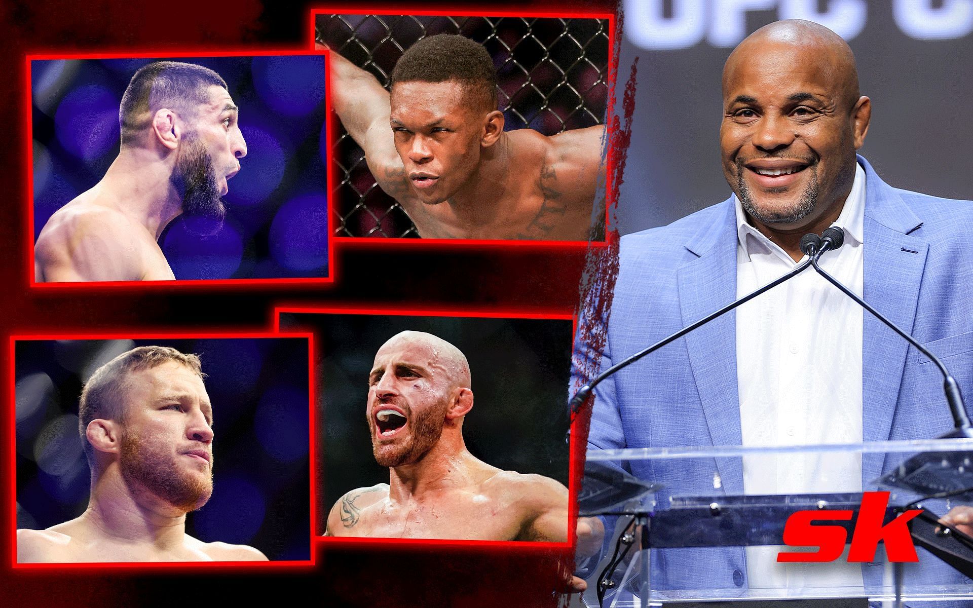 Khamzat Chimaev (top left), Israel Adesanya (top right), Justin Gaethje (bottom left), Alexander Vokanovski (bottom right) and Daniel Cormier (right). [Images courtesy: all images from Getty Images]