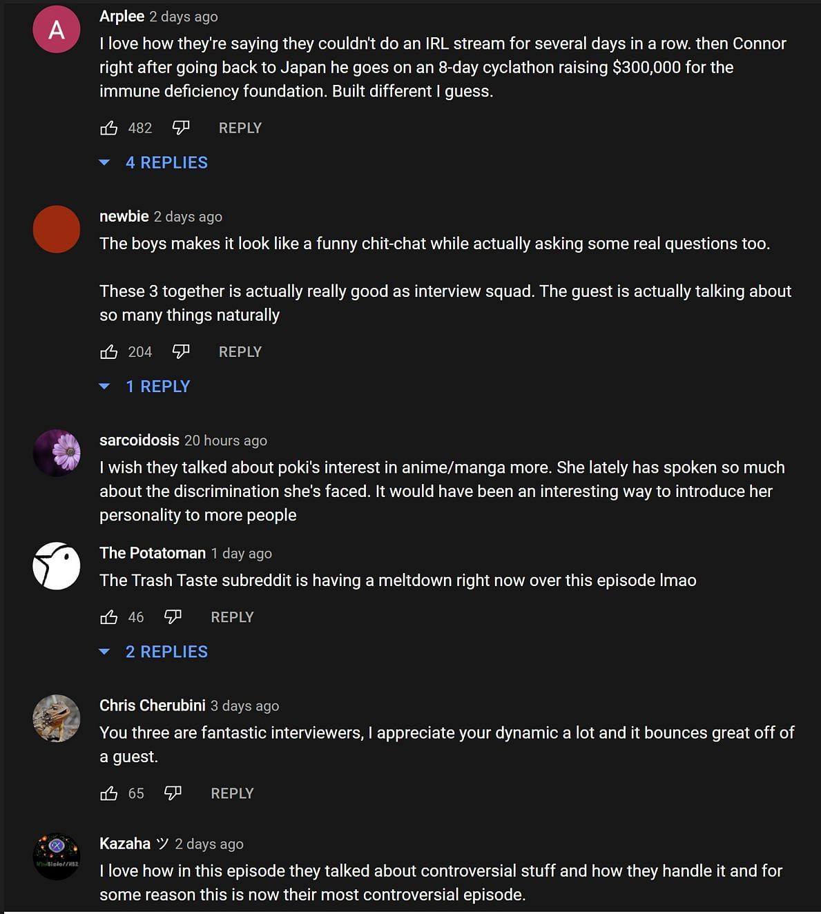 Fans in the YouTube comments section reacting to the latest Trash Taste episode (Images via Trash Taste/YouTube)