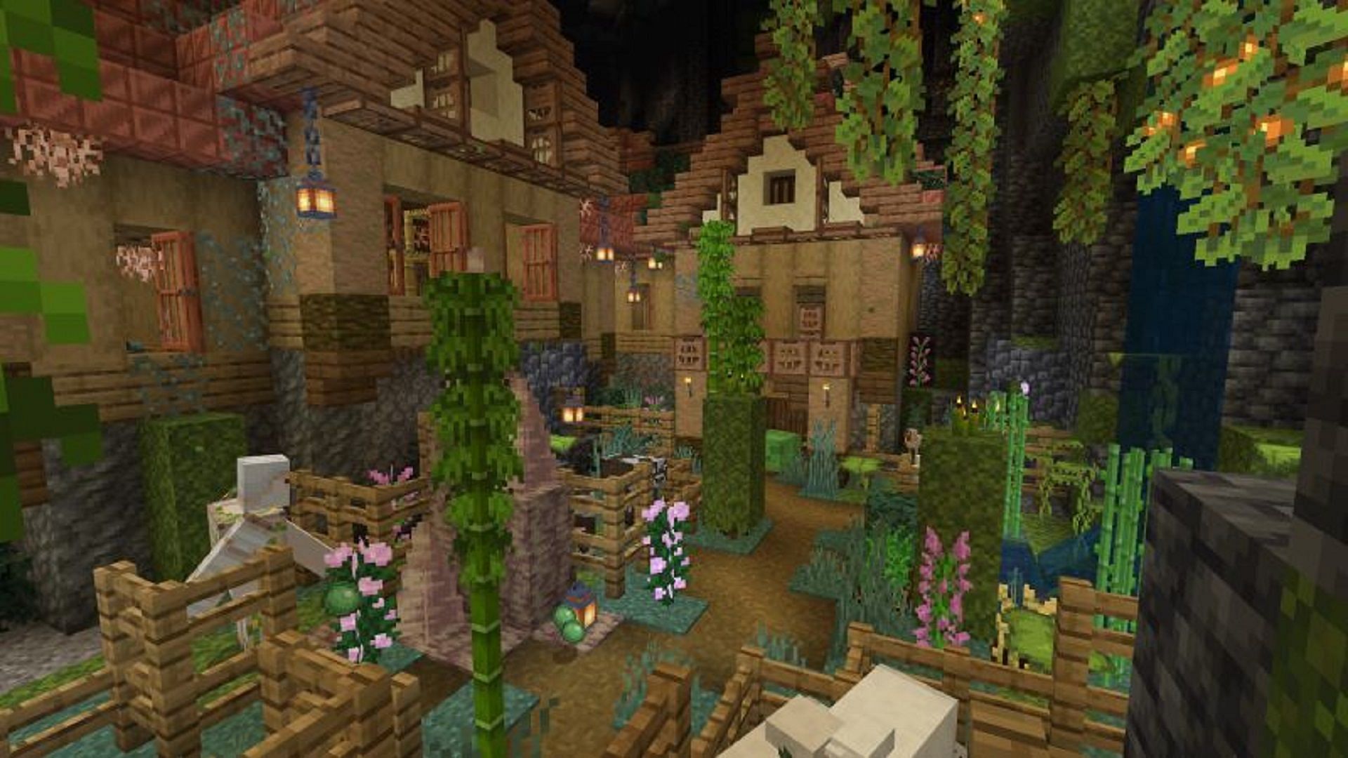 A functioning village within a dripstone cave (Image via Aliquam Studios/Minecraft Marketplace)