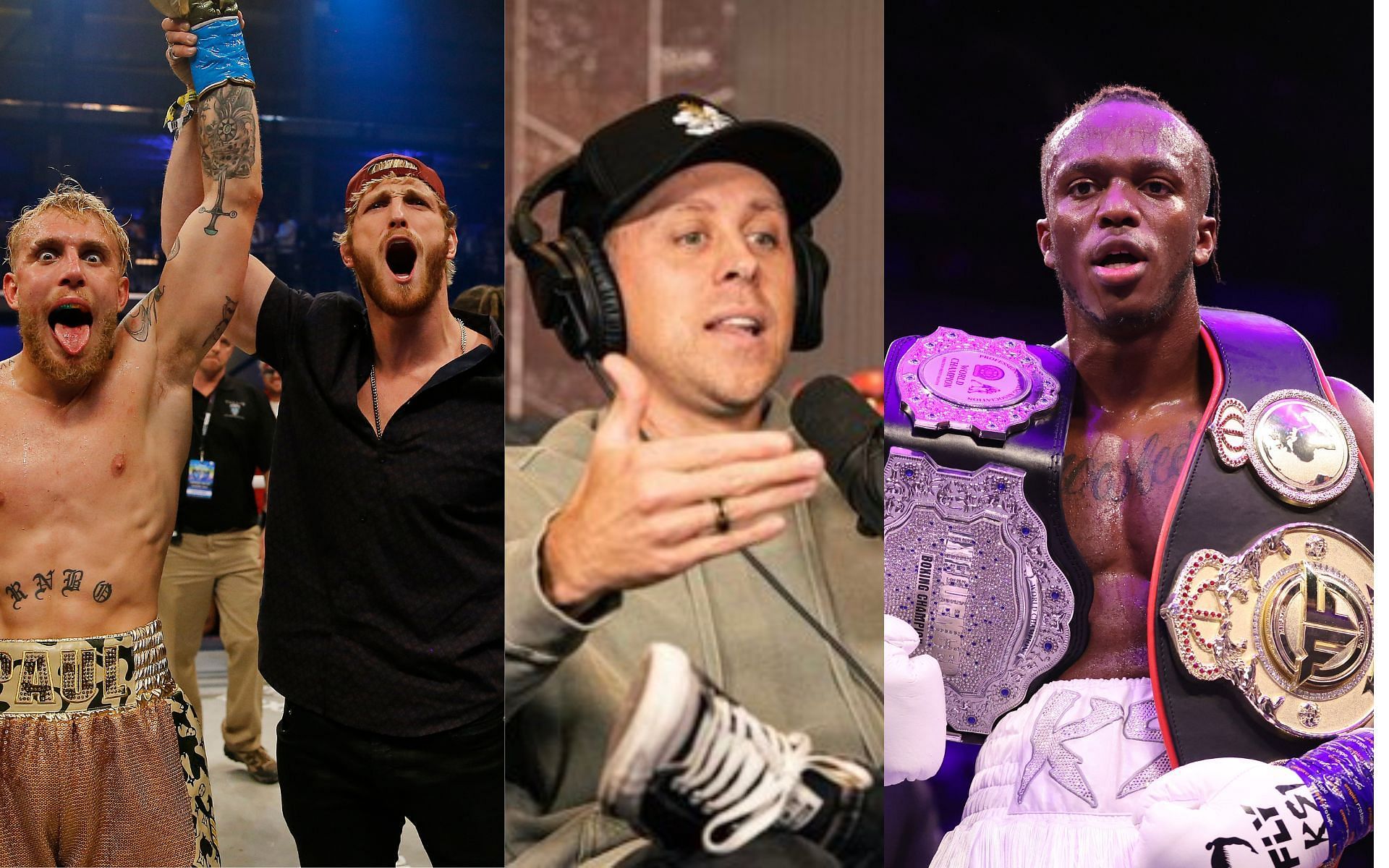 Jake Paul with Logan Paul (left), Roman Atwood (center), and KSI (right) (Image credits Getty Images and @Impaulsive on Twitter)