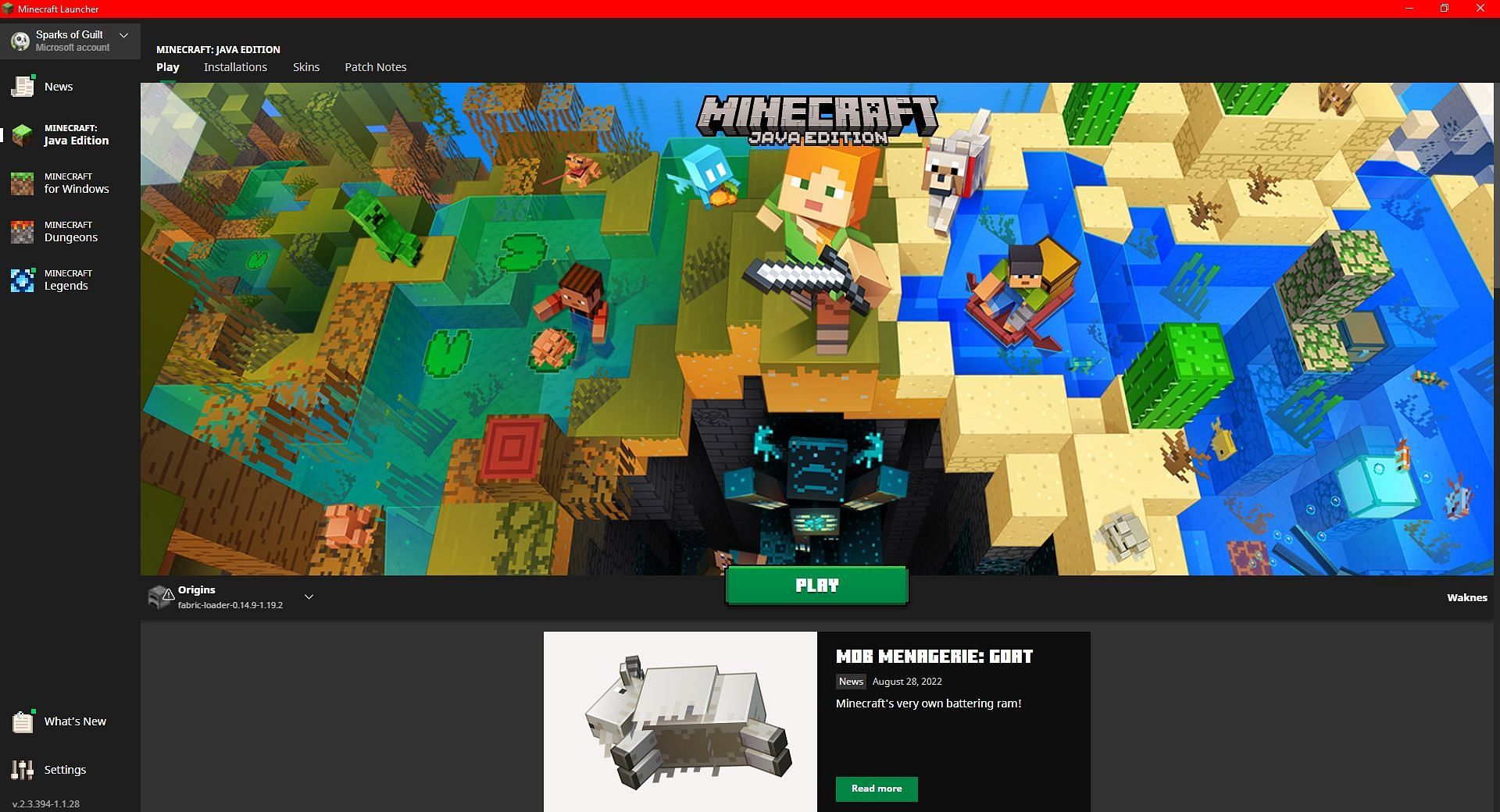 The Minecraft Launcher with the Origins profile selected (Image via Minecraft Launcher)