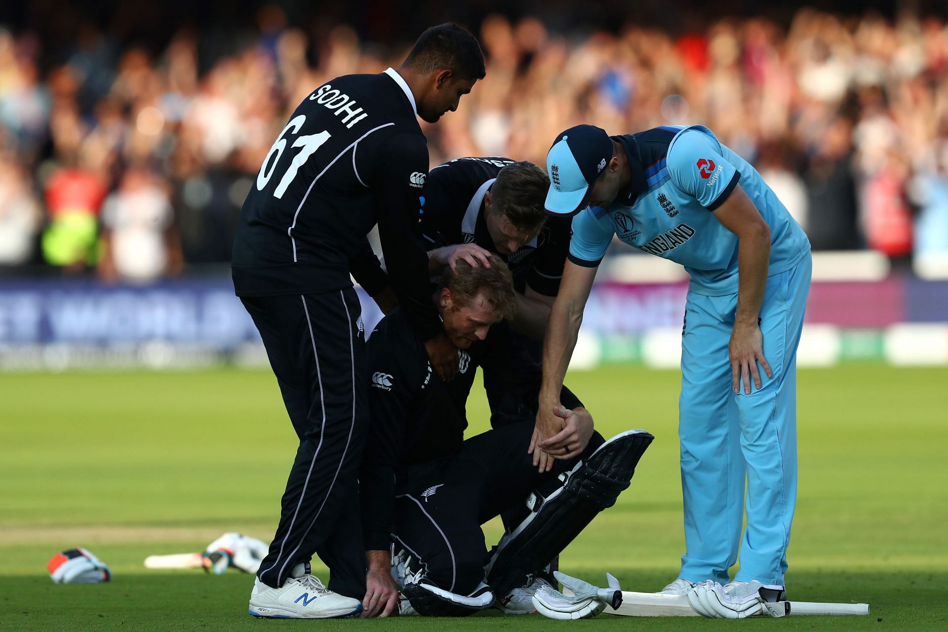 Martin Guptill is crestfallen after being run out in the final. (Credits:Getty)