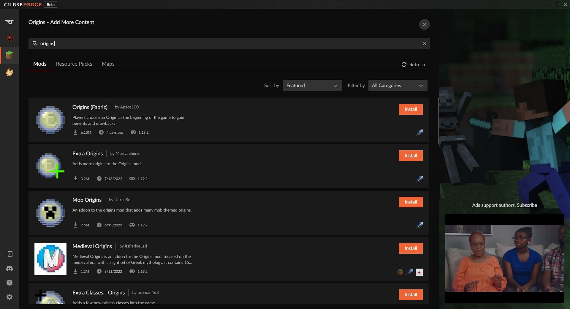 The search results for &quot;Origins&quot; in CurseForge (Image via CurseForge)