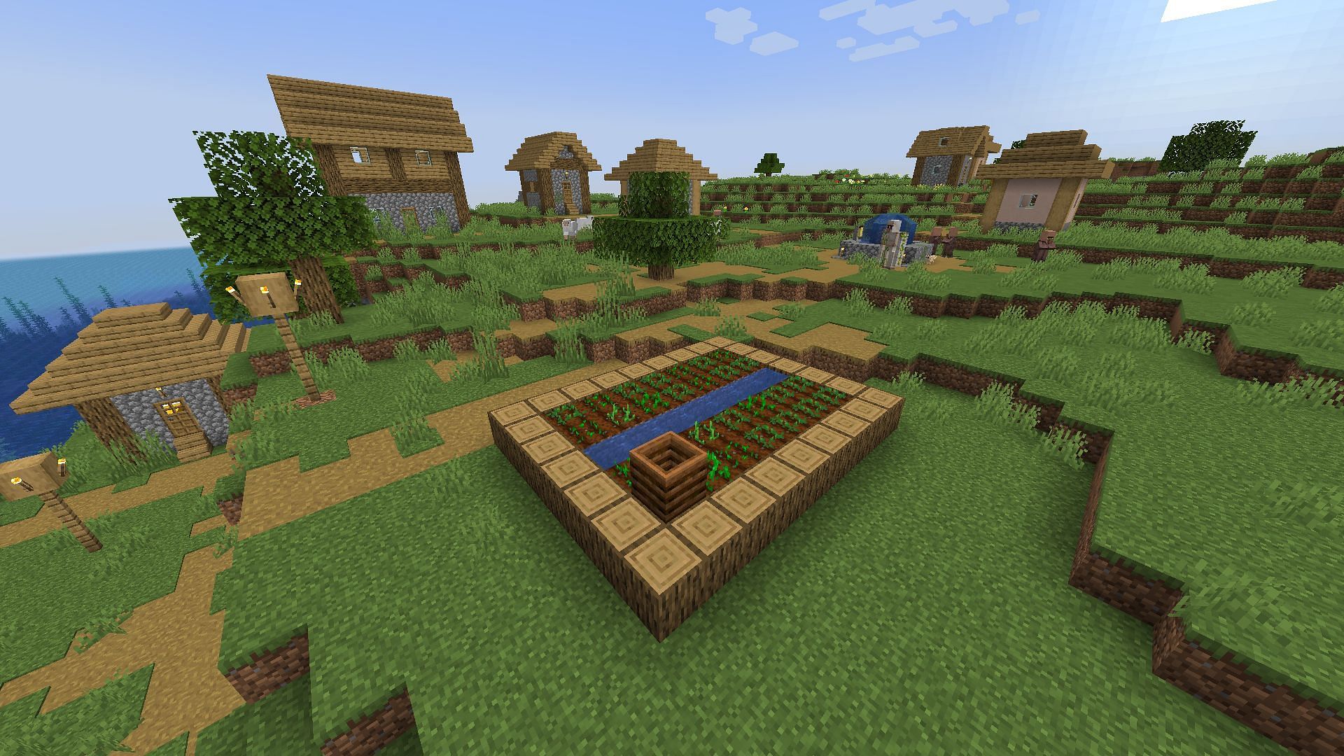 Players will directly spawn on a farm inside the Minecraft village (Image via Mojang)