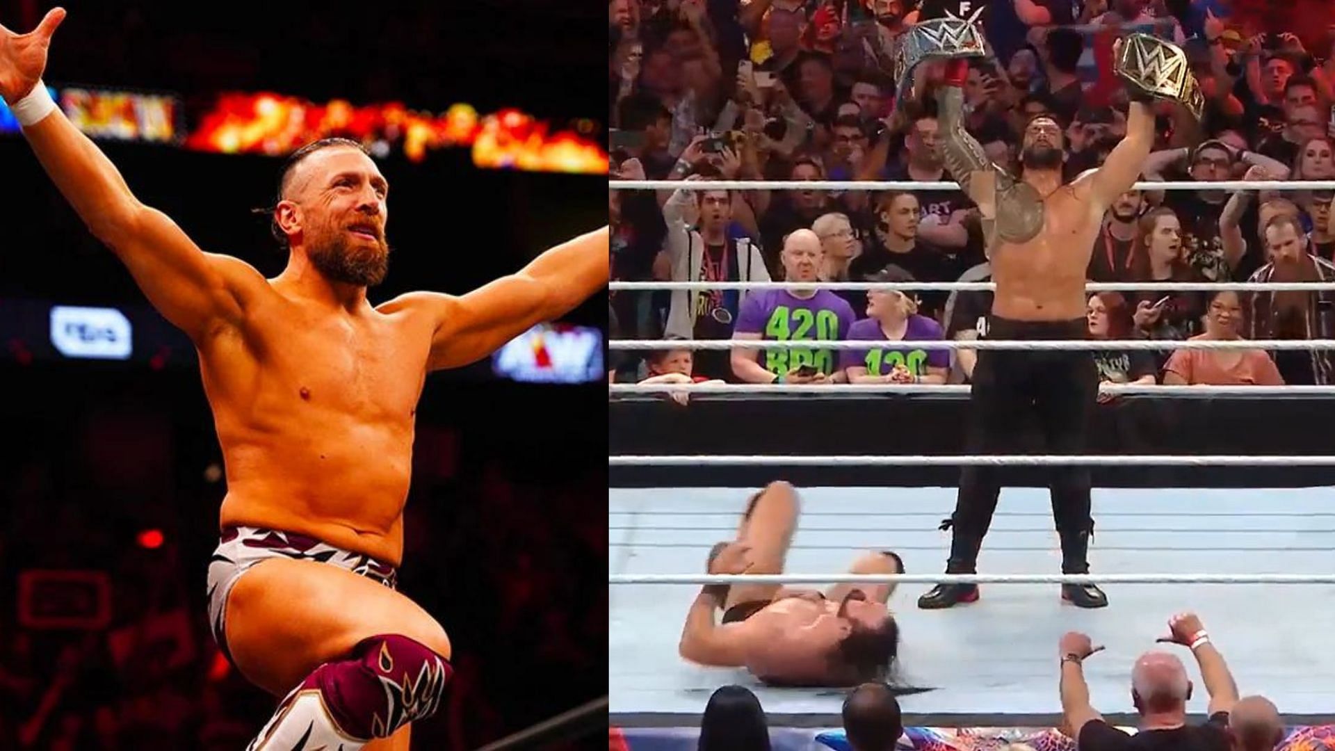 Bryan Danielson (left); Roman Reigns and Drew McIntyre at WWE Clash At The Castle (right)