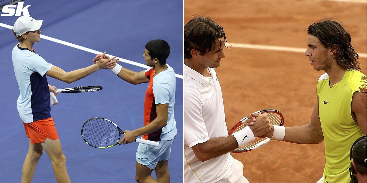 From L-R: Jannik Sinner, Carlos Alcaraz, Roger Federer, and Rafael Nadal