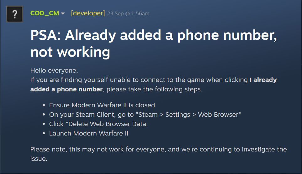 Fixing MW2 Steam lock (Image via Steam)