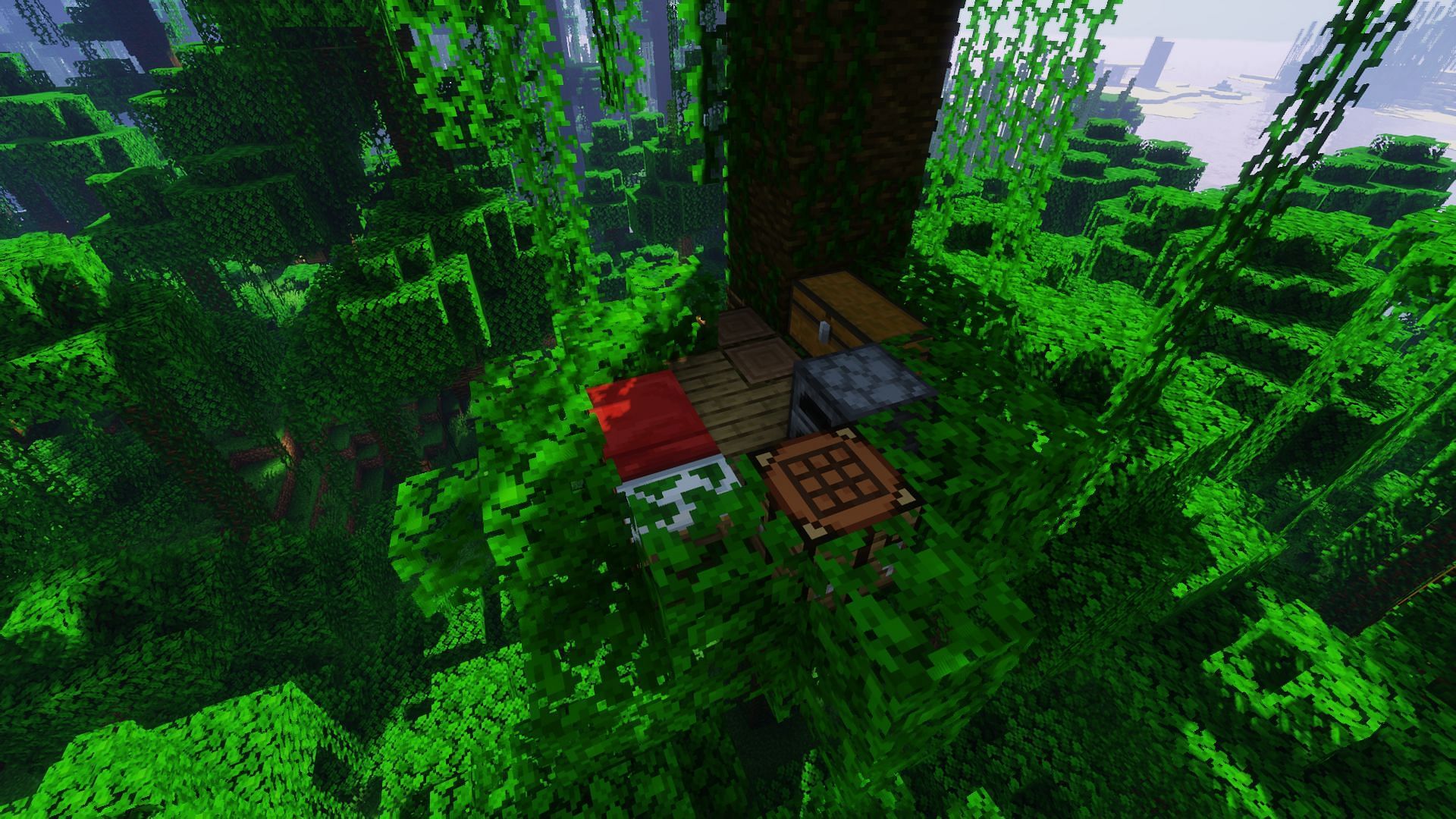 A jungle tree microbase floored with oak planks (Image via Minecraft)