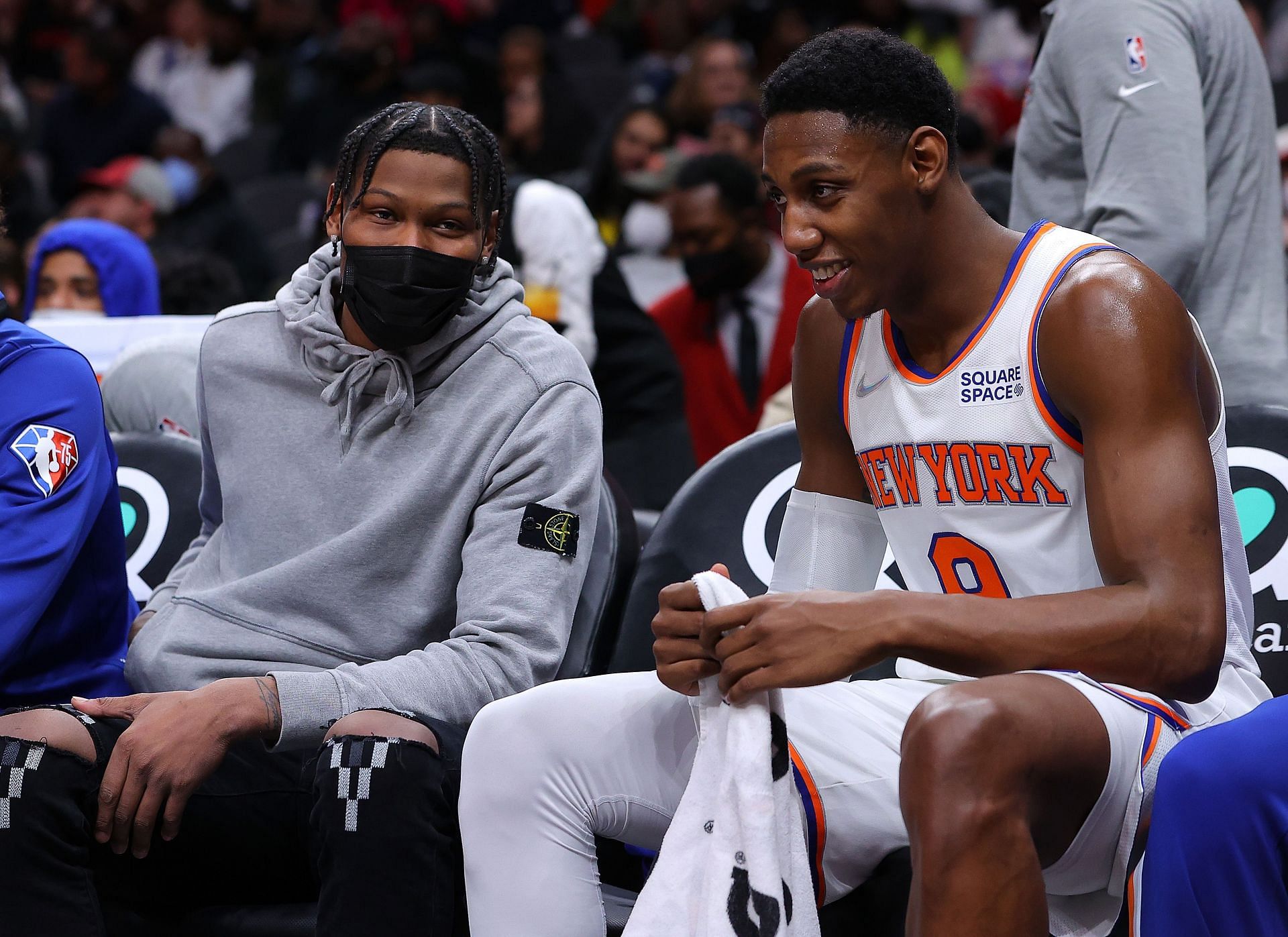 RJ Barrett looks on from the New York Knicks' bench