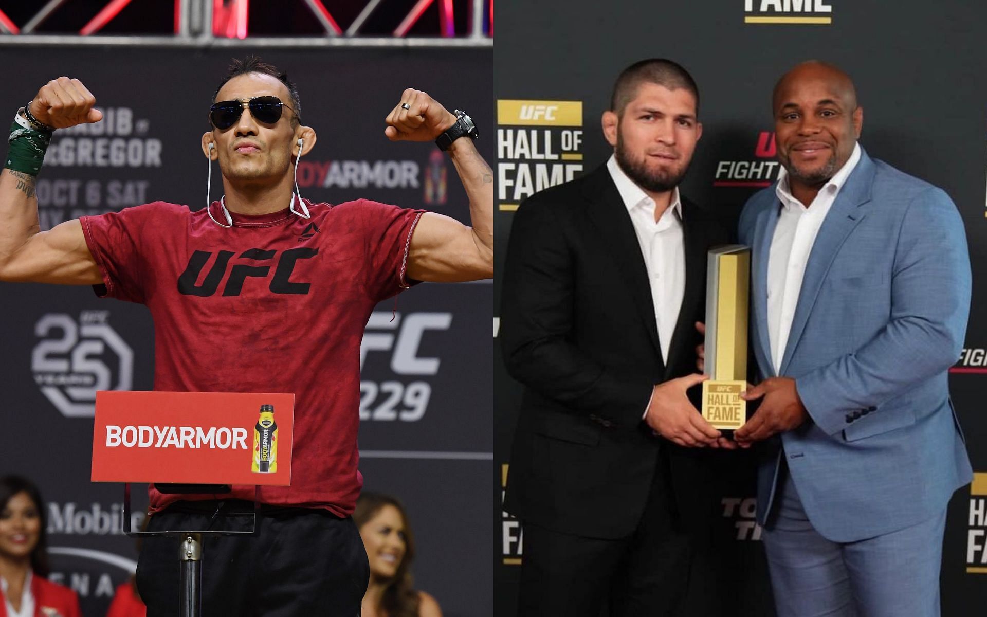 Tony Ferguson (Left), Khabib Nurmagomedov and Daniel Cormier (Right) [Image courtesy: Getty and @khabib_nurmagomedov on Instagram]