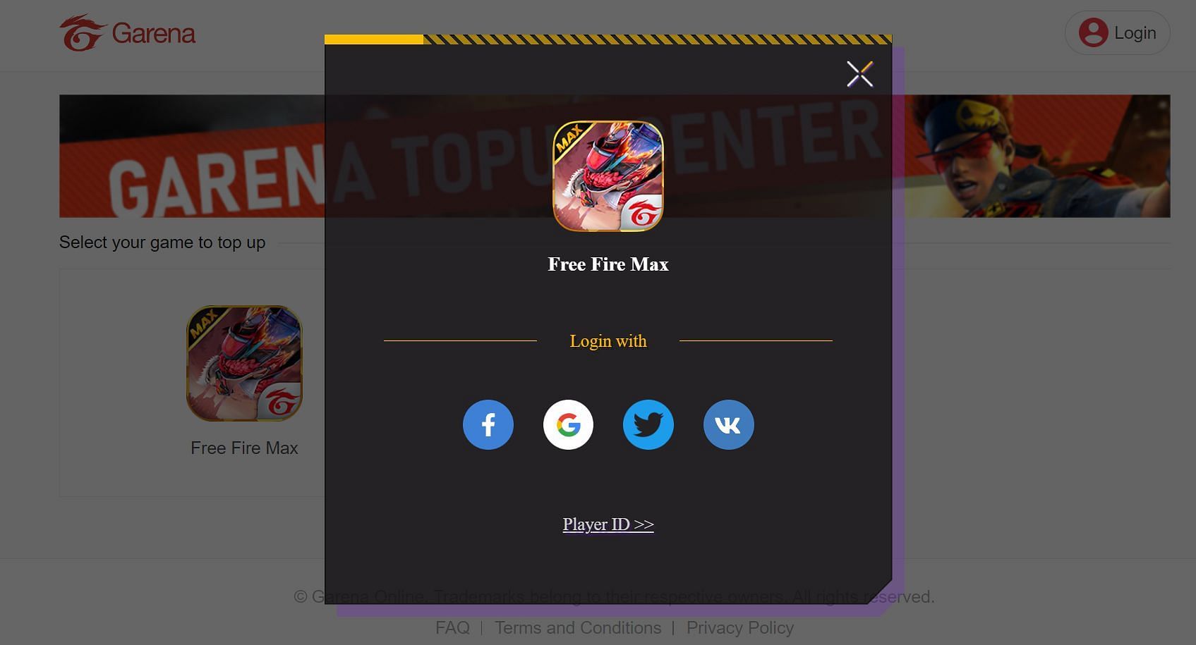 Login through one of the options available on the website (Image via Garena)