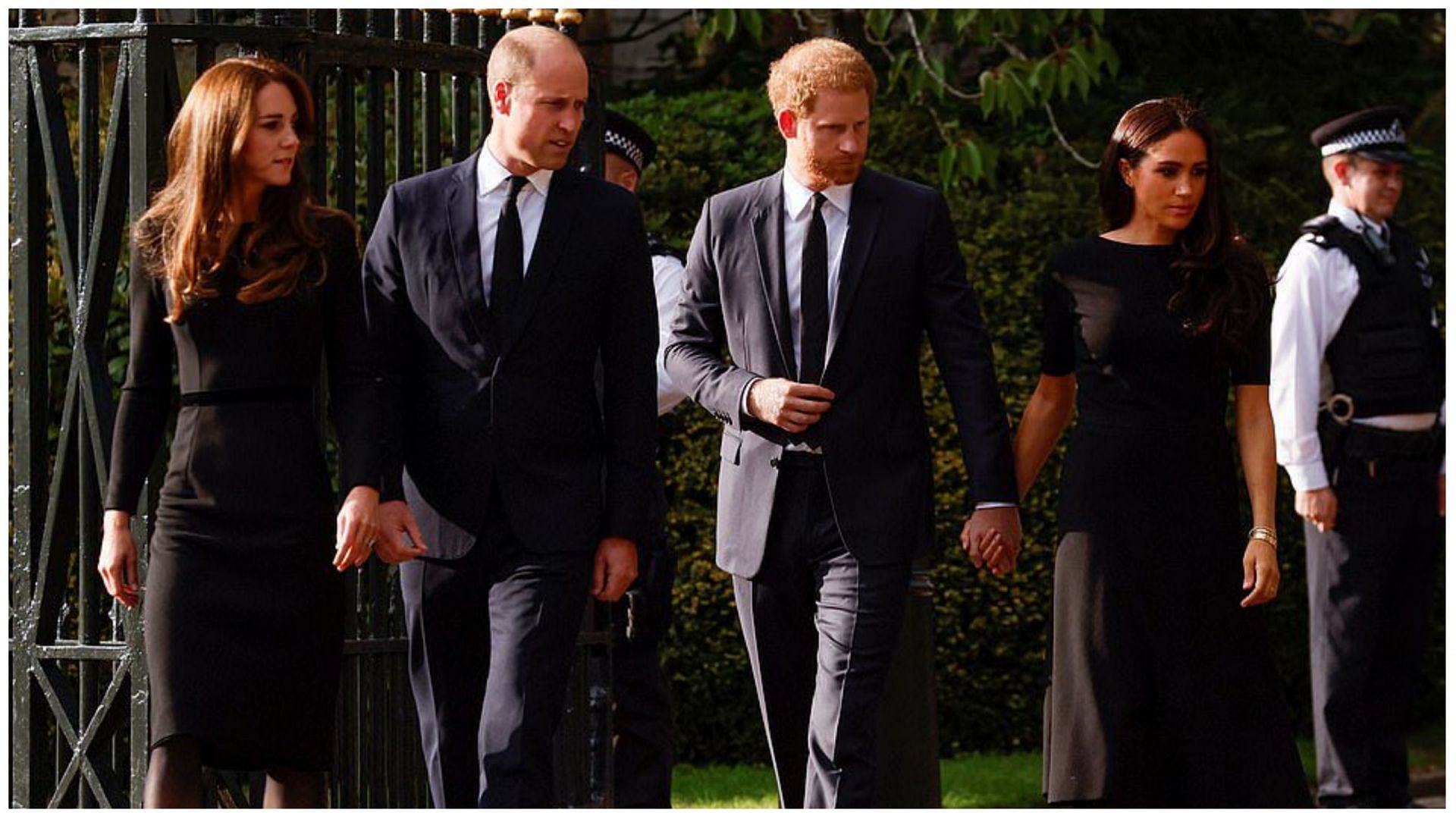 Prince William and Prince Harry were accompanied by their wives to walk around Windsor Castle after the death of their grandmother (Image via @kaylaadams/Twitter)