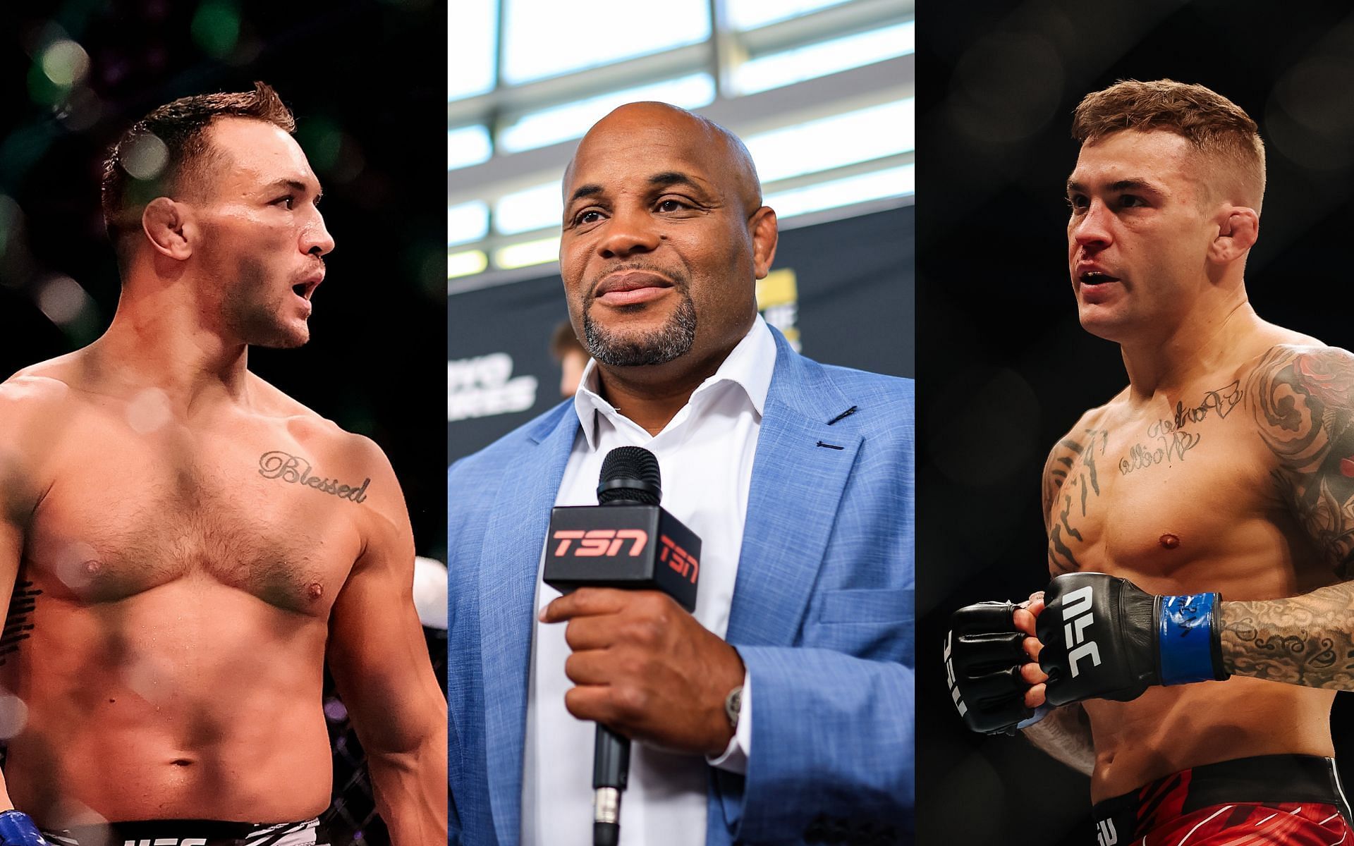 Michael Chandler (left), Daniel Cormier (centre), Dustin Poirier (right)