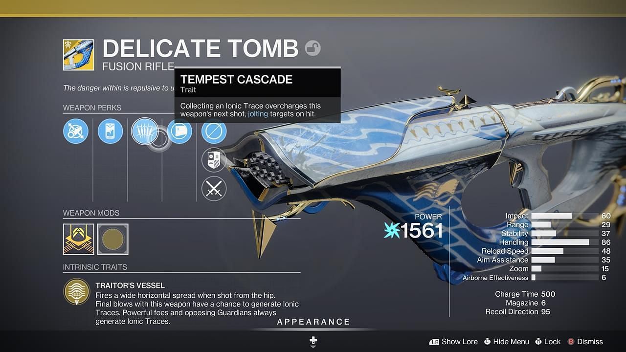 A look at the Delicate Tomb&#039;s stats in Destiny 2 (Image via Bungie)