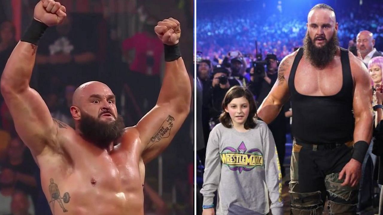 Strowman returns to WWE (left); Nicholas and Strowman at WrestleMania 34 (right)