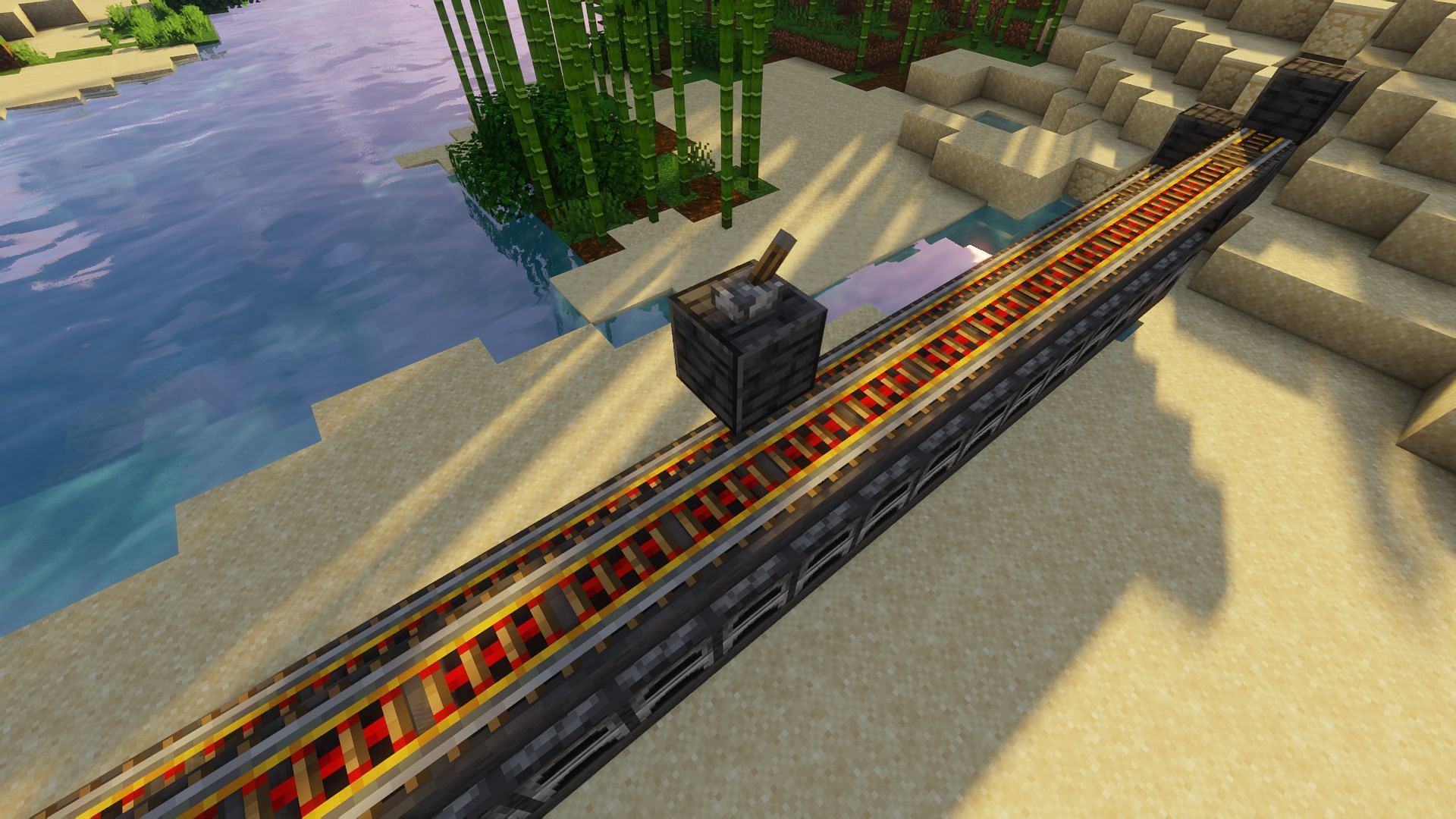 The lever for power added near the center of the rail (Image via Minecraft)