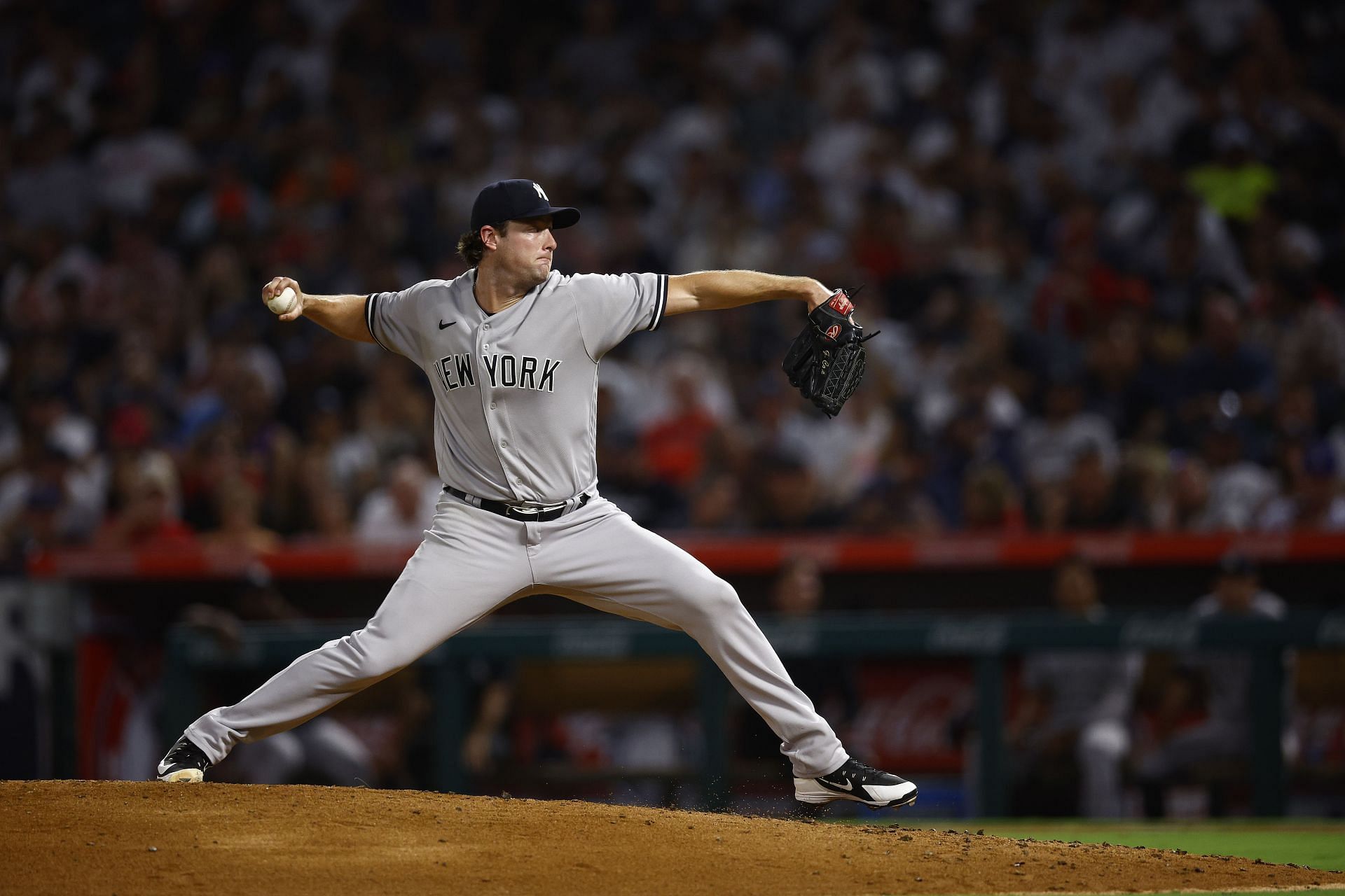 Gerrit Cole pitches during a New York Yankees v Los Angeles Angels game at Angel Stadium.