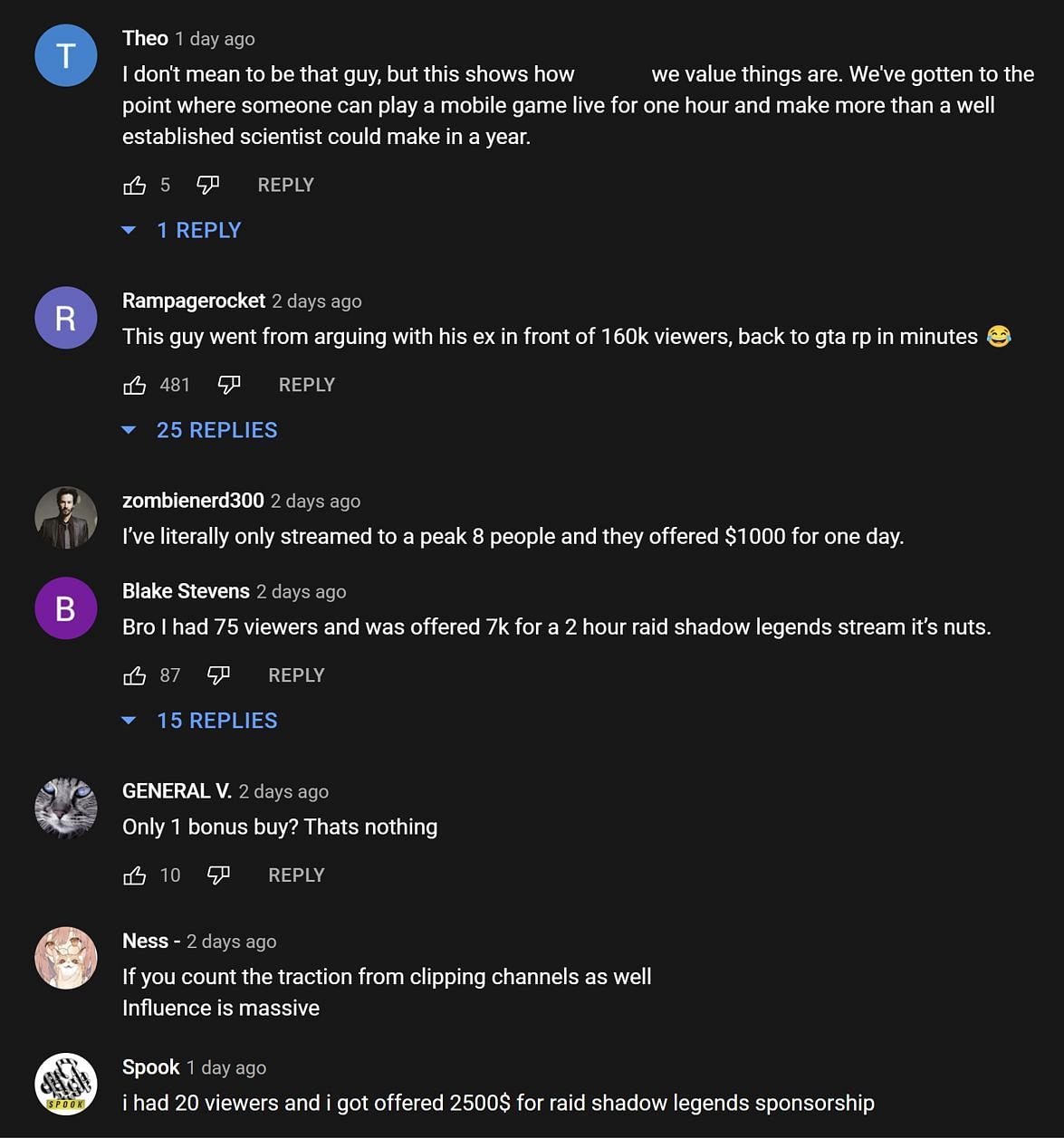 Fans in the YouTube comments section reacting to the streamer talking about mobile game sponsorships (Image via xQc Clips/YouTube)