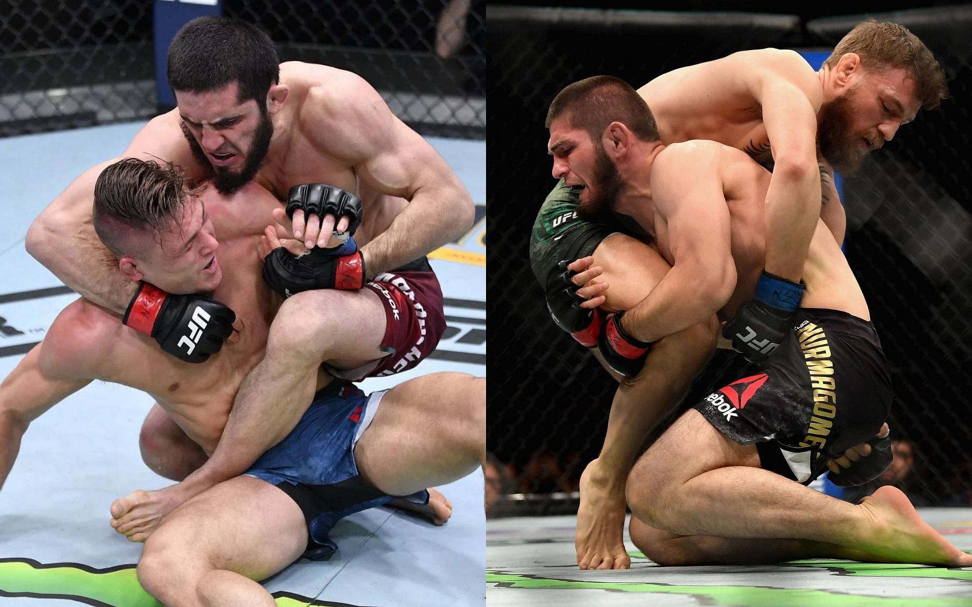 Islam Makhachev vs. Drew Dober (left); Khabib Nurmagomedov vs. Conor McGregor (right)