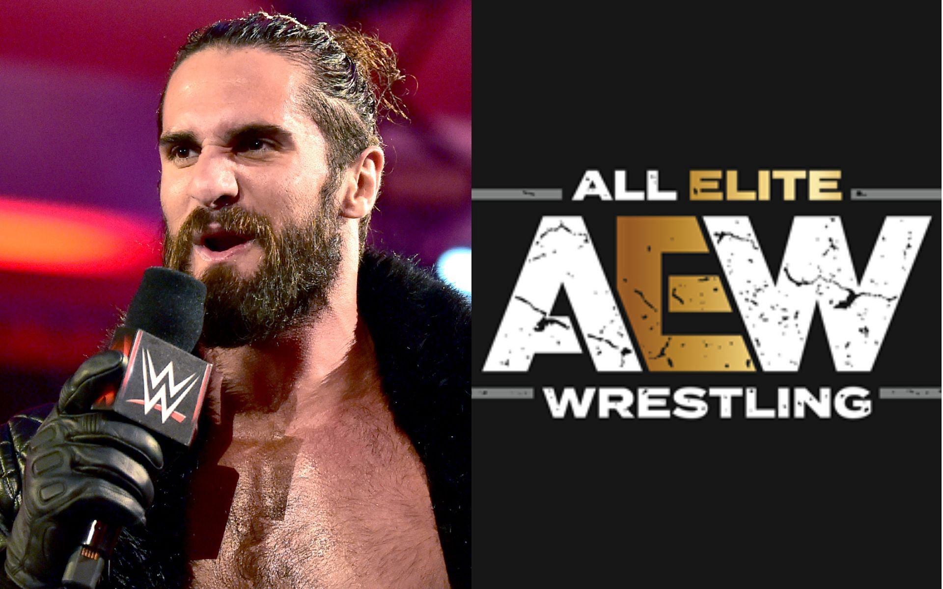 WWE superstar Seth Rollins (left) and AEW logo (right).